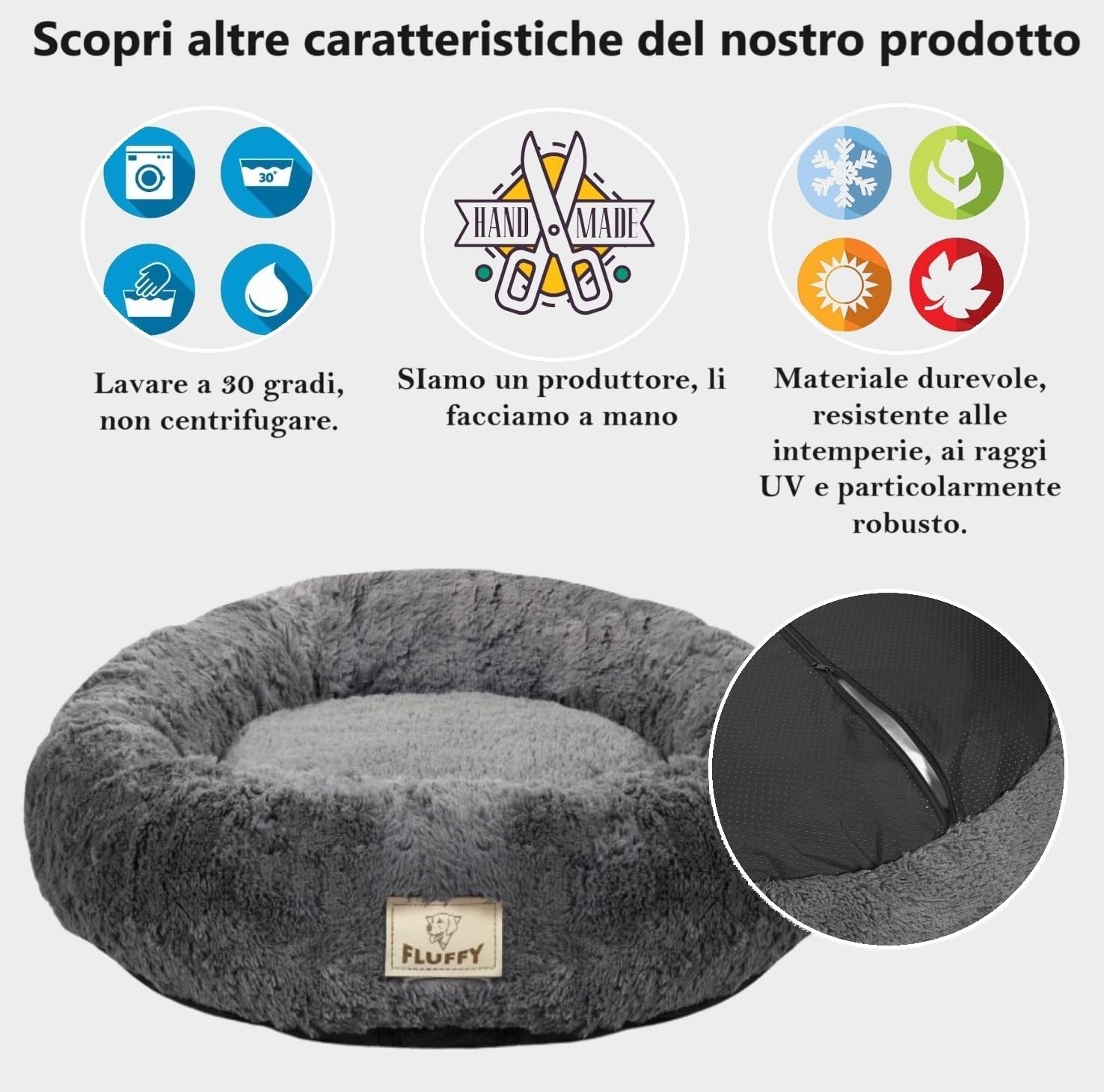 KING DOG Cuccia per cani rotonda cuccia morbida M 60 cm cuscino morbido con rivestimento in peluche cuscino interno estraibile fondo antiscivolo lavabile