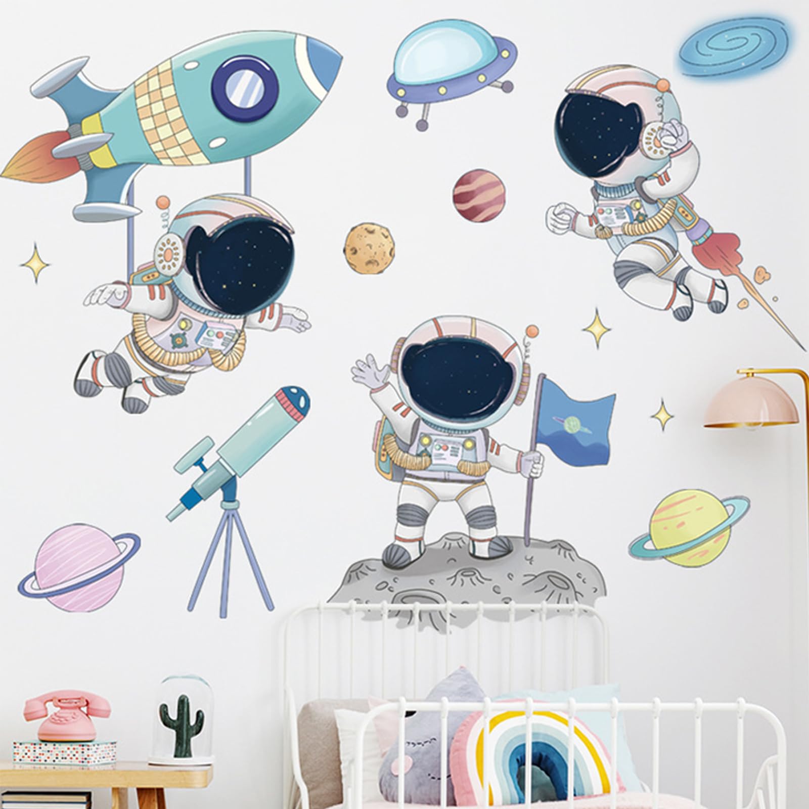 Naklejki ścienne dla dzieci, astronauta, rakieta kosmiczna, planety, UFO, gwiazdy, usuwalne naklejki do pokoju dziecięcego i małego dziecka