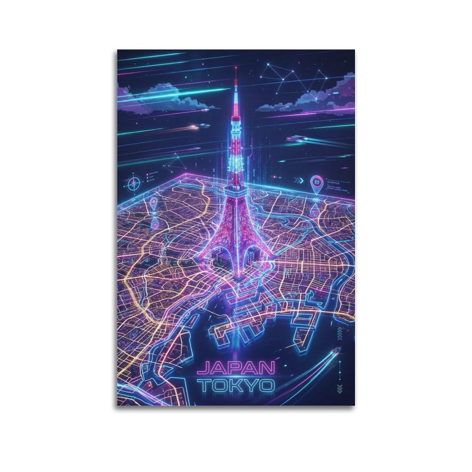 Okngb Unframe-Style Vintage Japan Tokyo 80S Neon Map Gamer Room Poster Decorative Painting Canvas Art Picture 24X36inch(60X90cm)