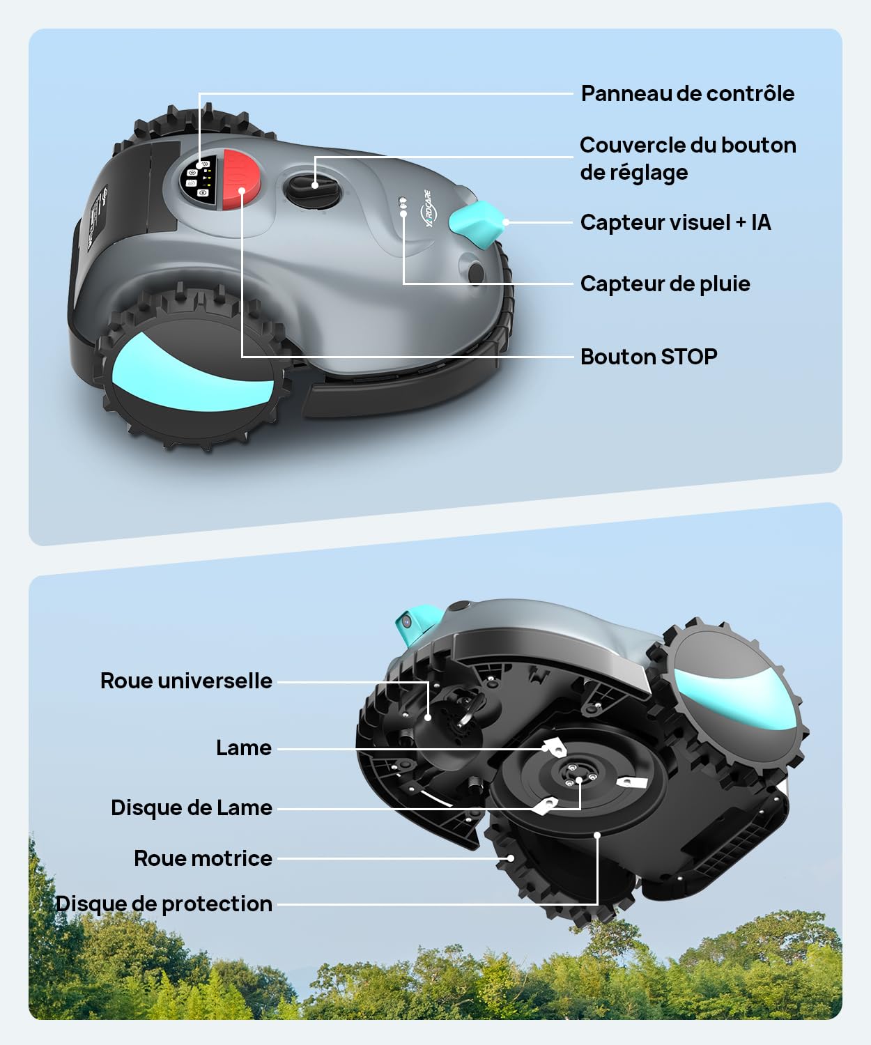 YARDCARE V100 Robot Tondeuse sans Fil Périphérique, avec Caméra, évitement d'obstacles, Navigation Visuelle, 150㎡ Robot Tondeuse Gazon Batterie 4 Ah, avec Lames de Rechange, Coupe en Spirale