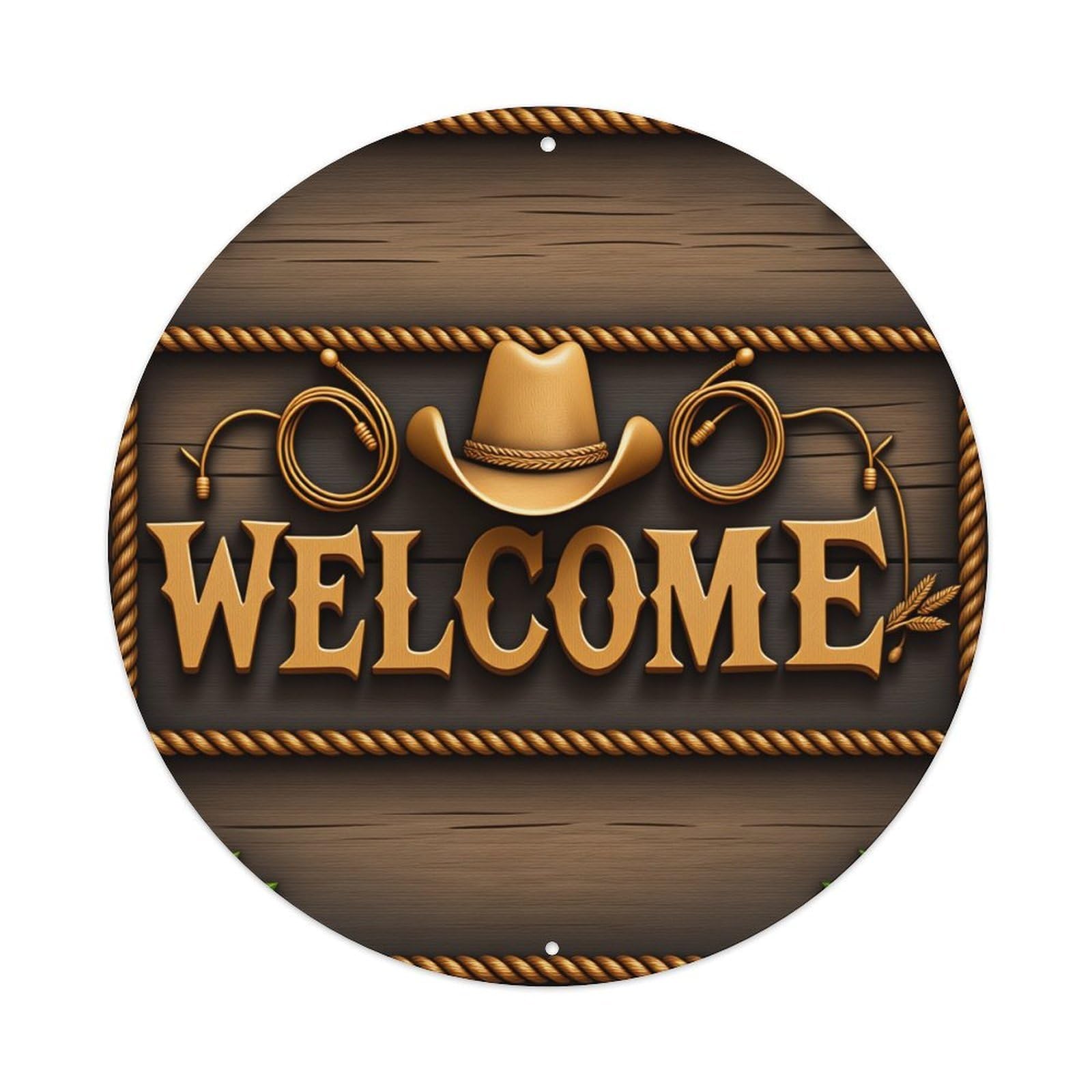 Western Welcome Sign Pattern Print Round Tin Sign Vintage Metal Poster Retro Bar, Home, Man Cave, Kitchen, Laundry Room Wall Art Decor Gift 8x8Inch