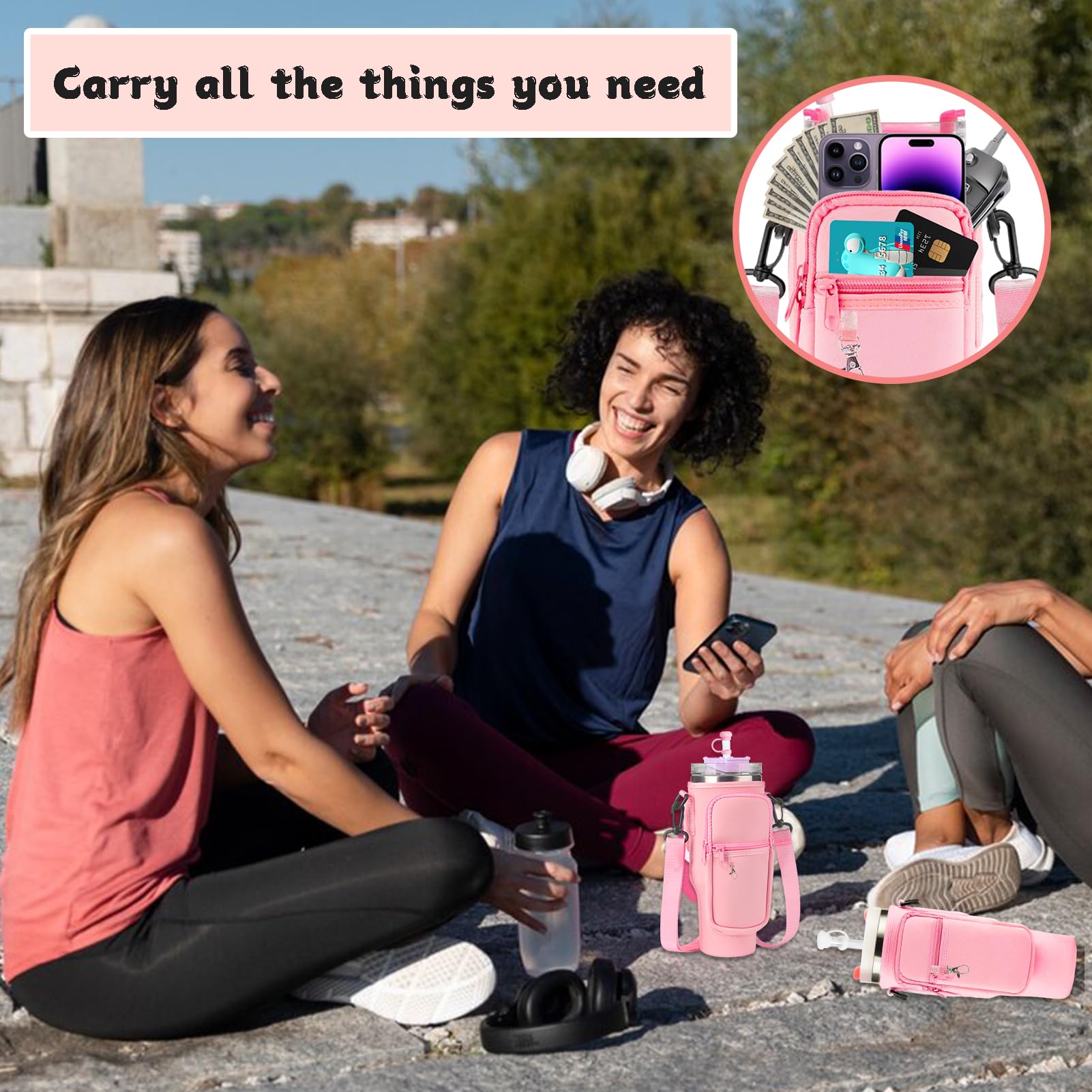 Huahuanghui Borsa porta bottiglie d'acqua per bicchiere,borse a tracolla con porta bottiglia d'acqua,porta borraccia tracolla,con cinghia regolabile con copertura per cannuccia e moschettone (rosa)