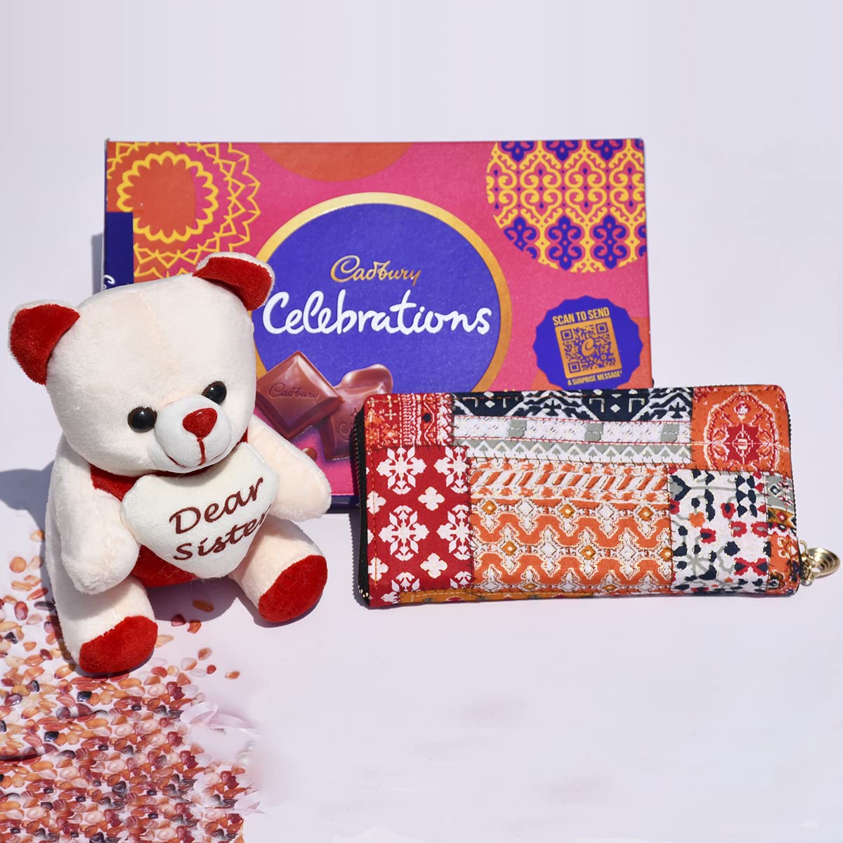 Saugat Traders Combo Gift for Sister - Teddy Bear, Hand Wallet/Purse and Chocolate - Birthday - Useful - Gift for My Sister, Bestie