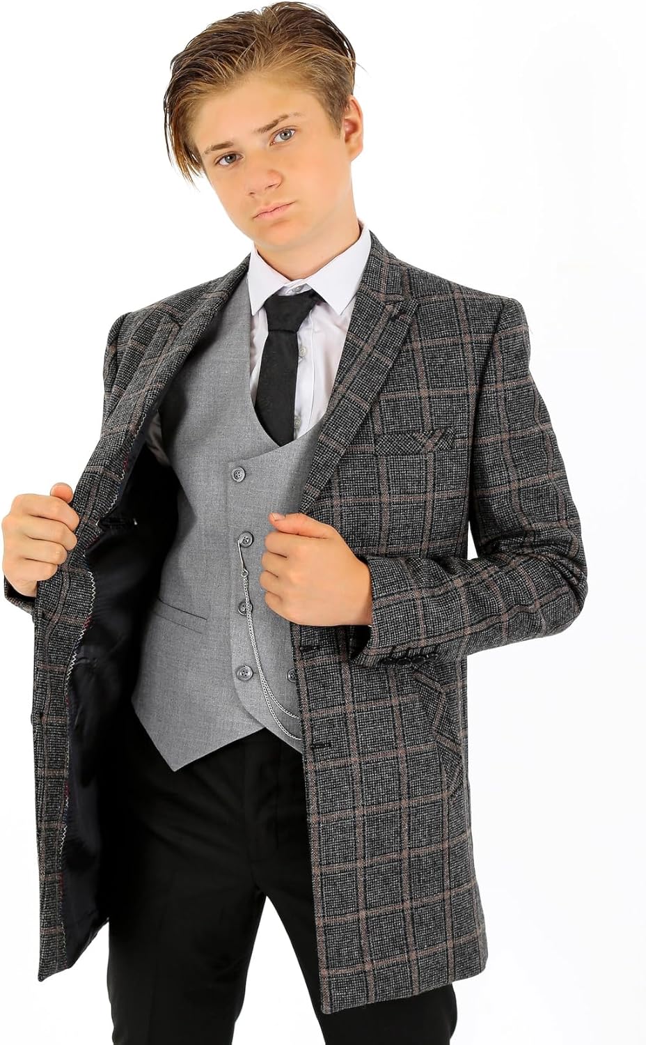 SIRRI Boys Wool Check Tweed Overcoats Slim Fit Mid-Length Coat Jacket