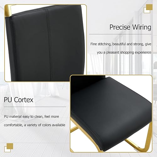 Miniatura 6 de Moderno juego de mesa de comedor para 4, juego de mesa de comedor dorado de 55 pulgadas con 4 sillas de piel sintética negra, mesa de madera negra