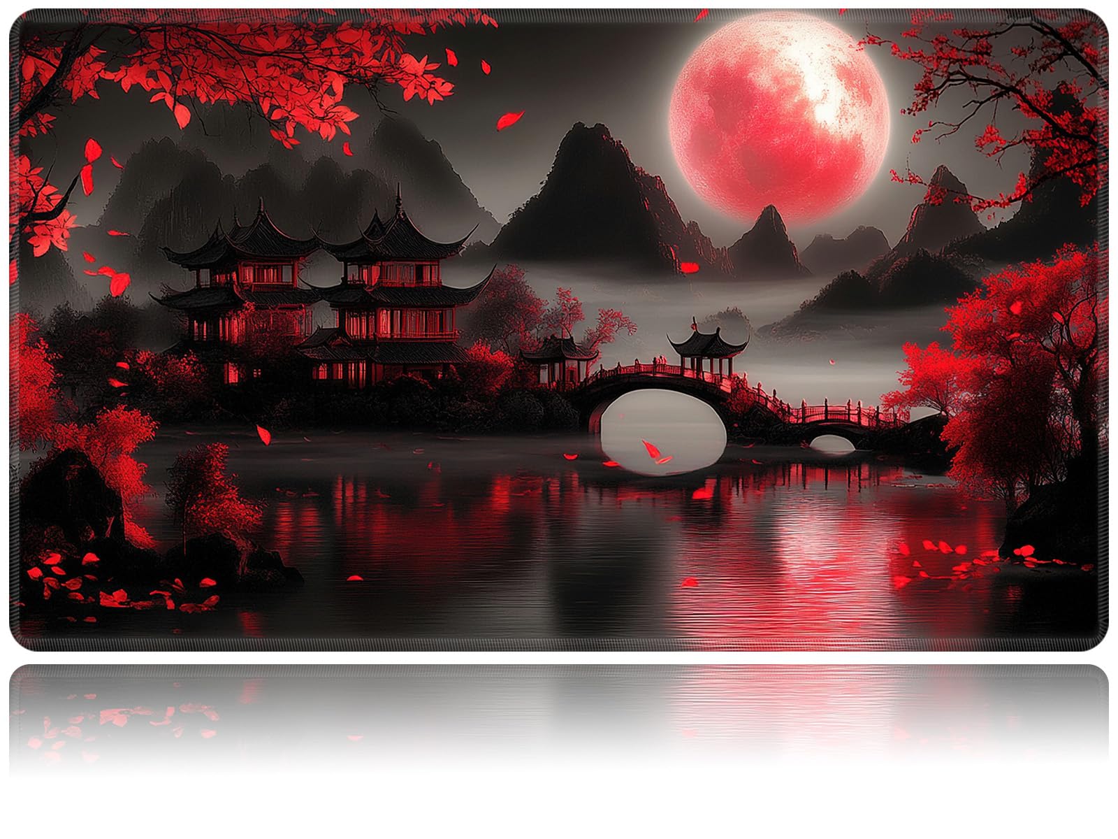 Playmat for MTG, Card Game Mat Non-Slip Rubber Base and Stitched, 24 x 14 inch TCG Play Mat for MTG and Other Card Games (NO Zones), Red Moon