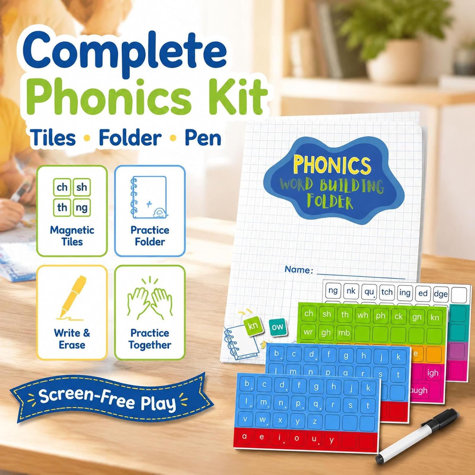 Kit di carte fonetiche magnetiche con 142 magneti e penna, tessere magnetiche per lettere fonetiche, set di costruzione di parole per alfabeto e vista, per parole, digrammi e vocali (3pcs)