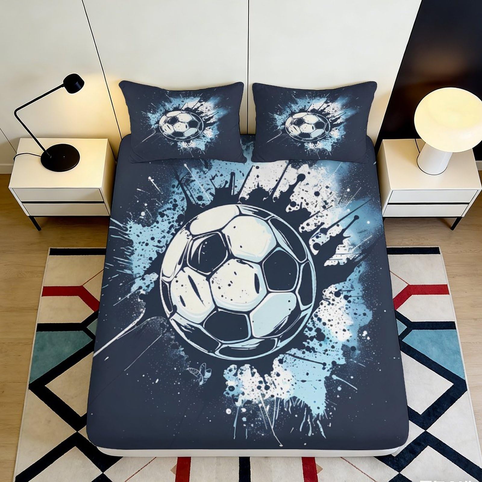 3D Printed Soccer Splash Fitted Sheet Microfiber Youth Bedroom Decor Football Graphic Mattress Cover for Home Dorm 90x200x25cm
