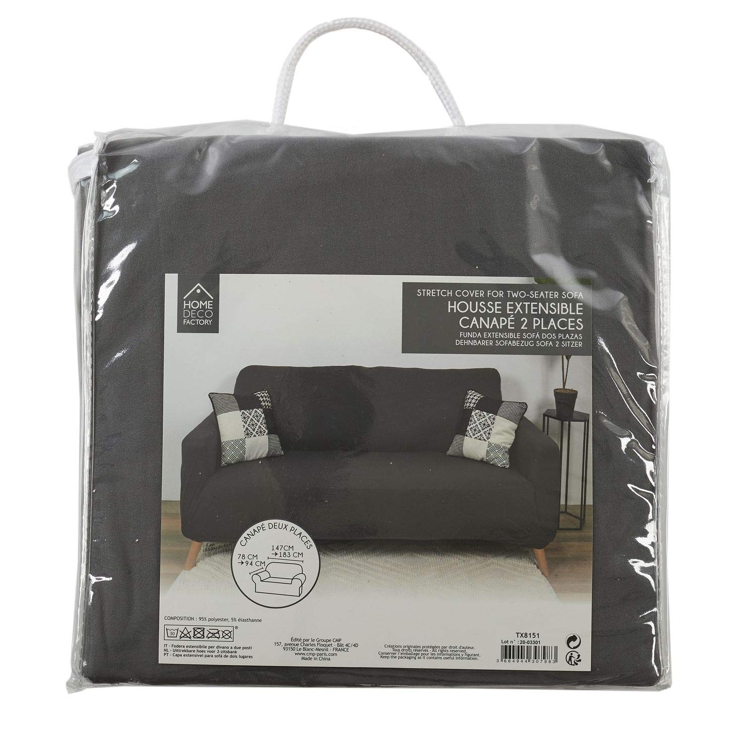 HOME DECO FACTORY - TX8151 Housse Extensible pour Canapé 2 Places - Protection et Style - Textile Lavable en Machine - Dimensions 170 x 80 x 80 cm - Couleur Gris