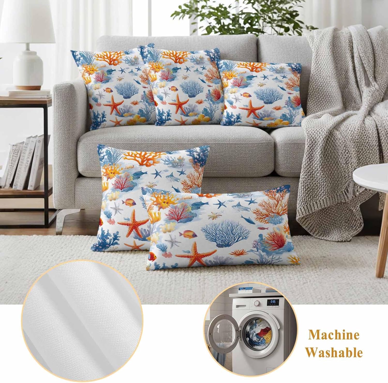 Chucoco Outdoor Waterproof Throw Pillow Cover, Ocean Starfish Blue Coral Decorative Pillows Cushion Covers, Watercolor Underwater World 2 Pack Pillow Cases for Patio Garden Balcony Couch Sofa 26x26in