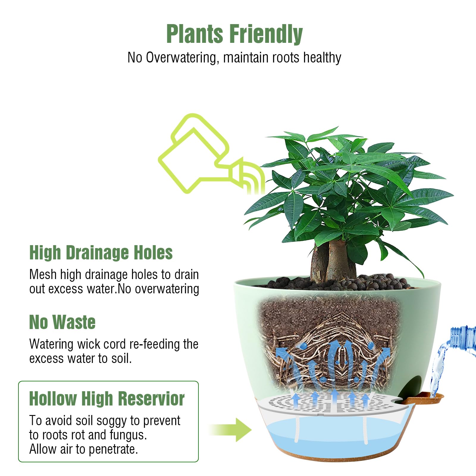 UOUZ 12inch 2Pack Large Self Watering Planters, Plastic Plant Pots with 60oZ Removable Deep Reservoir and Multi Mesh Drainage Holes for Indoor Outdoor Garden Plants and Flowers, Green with Brown: Black With Brown