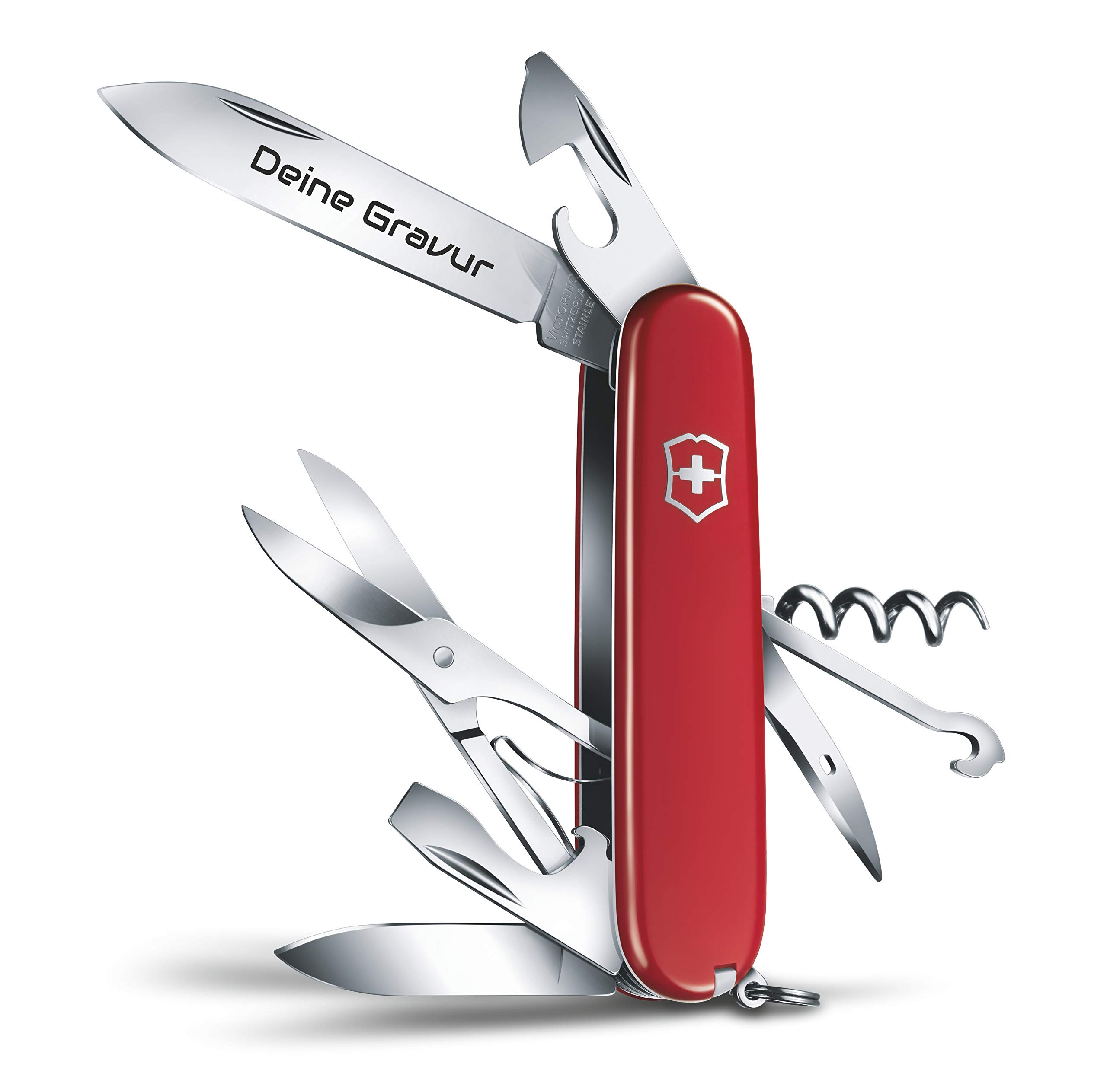 Taschenmesser CLIMBER mit Wunsch Gravur auf der Klinge I Geschenk für Männer Frauen I zum Geburtstag I Schweizer Taschenmesser personalisiert mit 14 Funktionen 1.3703 (rot)