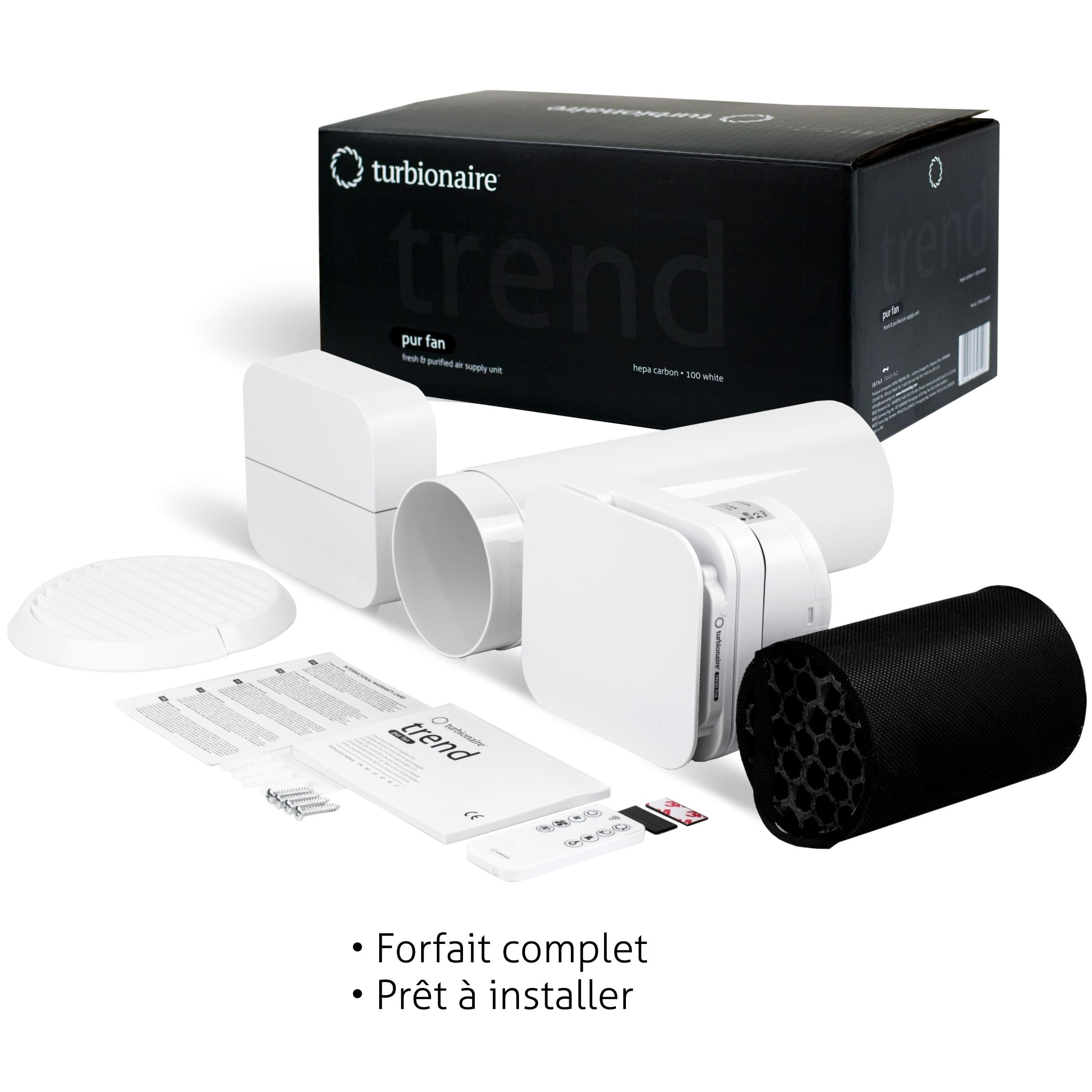 Turbionaire TREND PUR - Unité extérieure d’extraction et purification d’air, Filtres HEPA/carbone/poussière, télécommande, moteur DC brushless, 6 vitesses + boost, Ø100 mm, Garantie 3 ans.