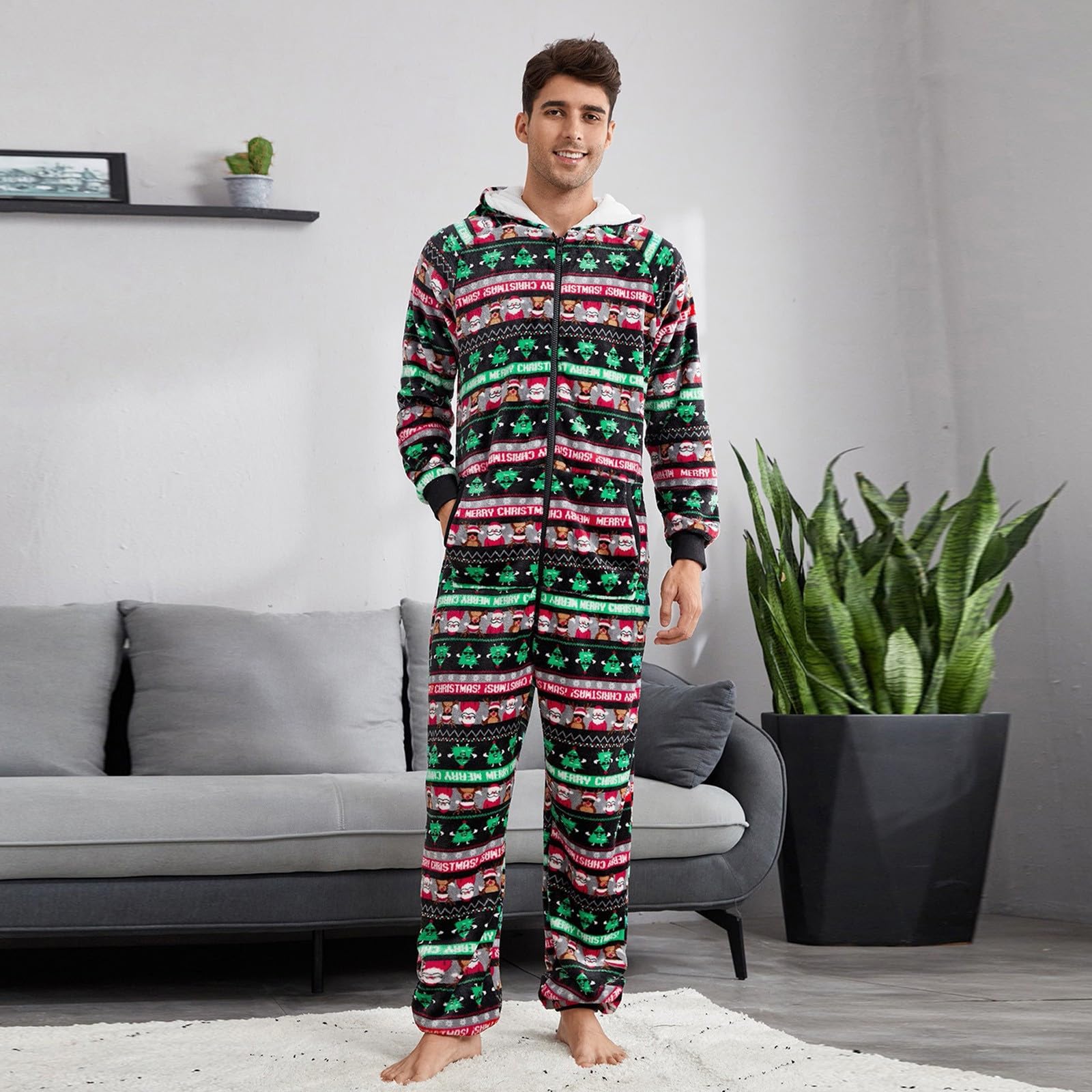 Genérico Pijama Hombre Navidad Franela Forrado Estampado Holgado Manga Larga con Bolsillos
