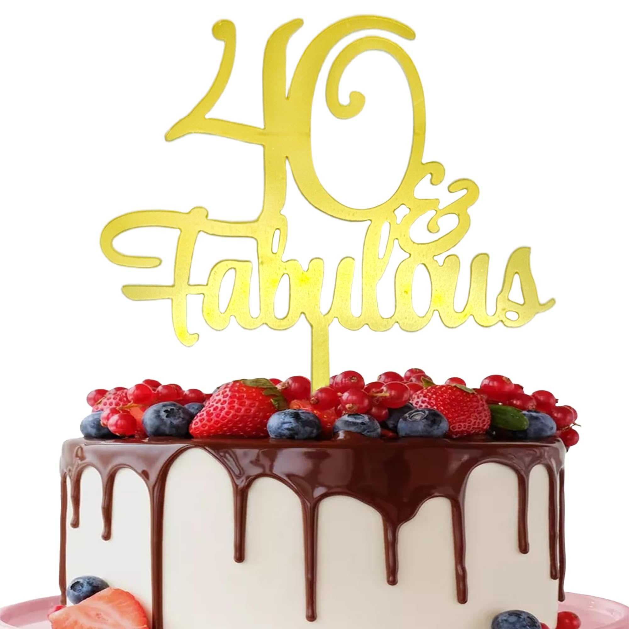 Gold 40 & Fabulous Cake Topper - Mirror Acrylic Happy 40th Birthday Cake Pick for Birthday Anniversary Party Cake Decoration Supplies