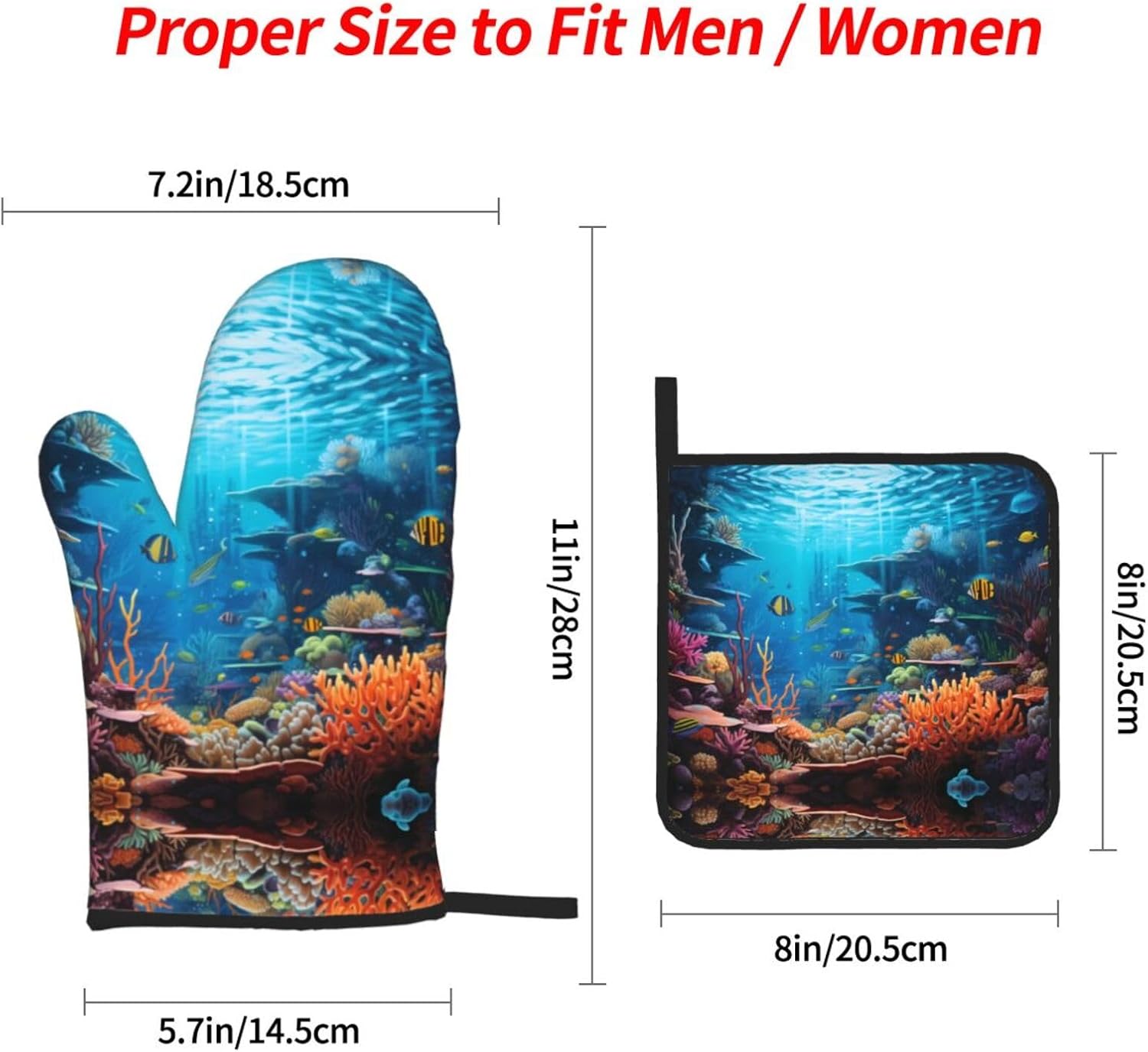 Undersea Flora and Fauna Printed Oven Mitts + Potholders 4-Piece Set - Great for BBQ Party Cooking