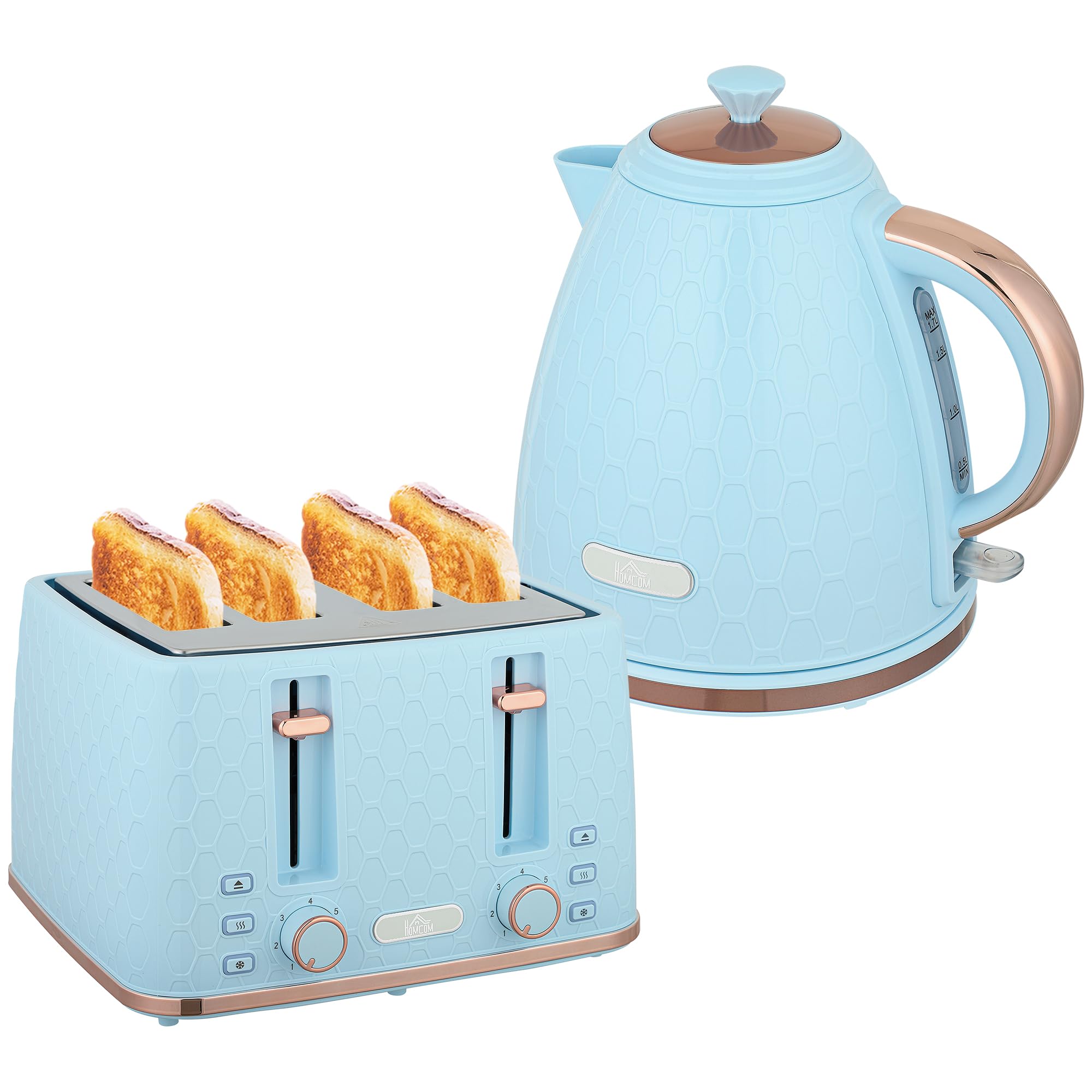 Homcom Unisex Light Blue Toaster And Kettle Set With Defrost Reheat And Crumb Tray, 1.7 L In