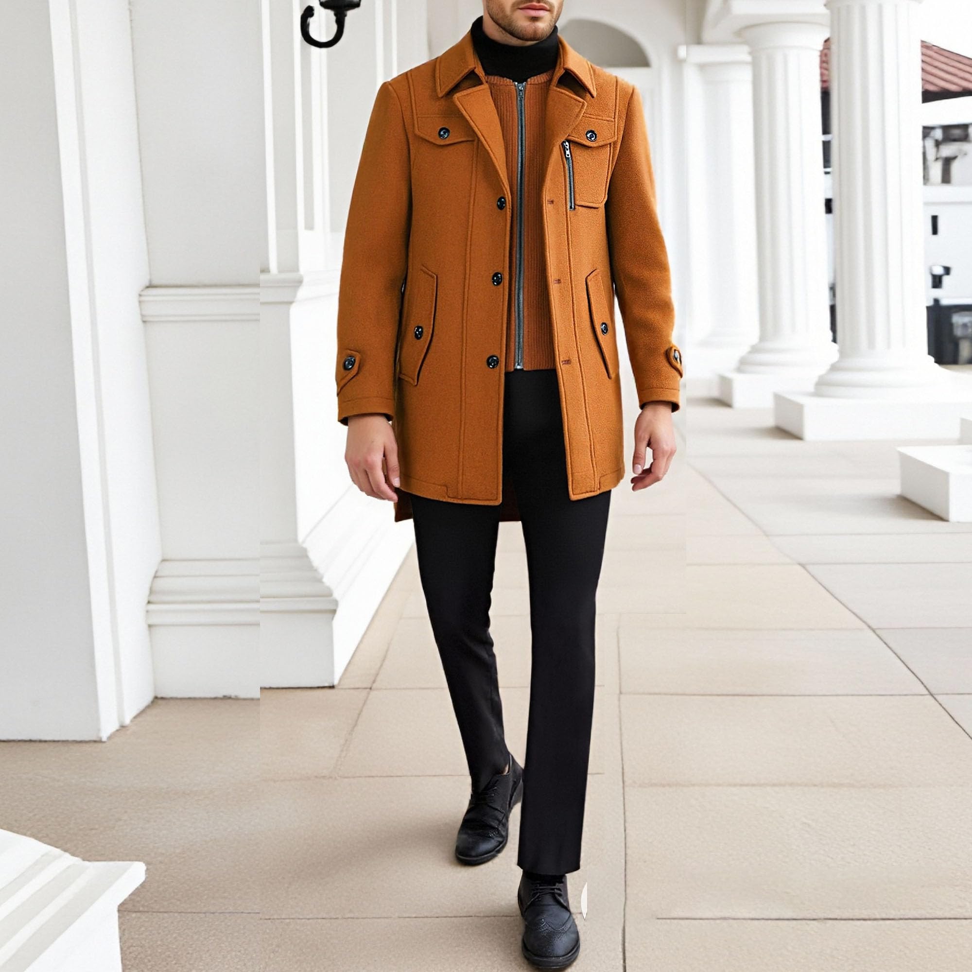 Cappotto invernale classico da uomo in misto lana con collo alto e colletto interno rimovibile