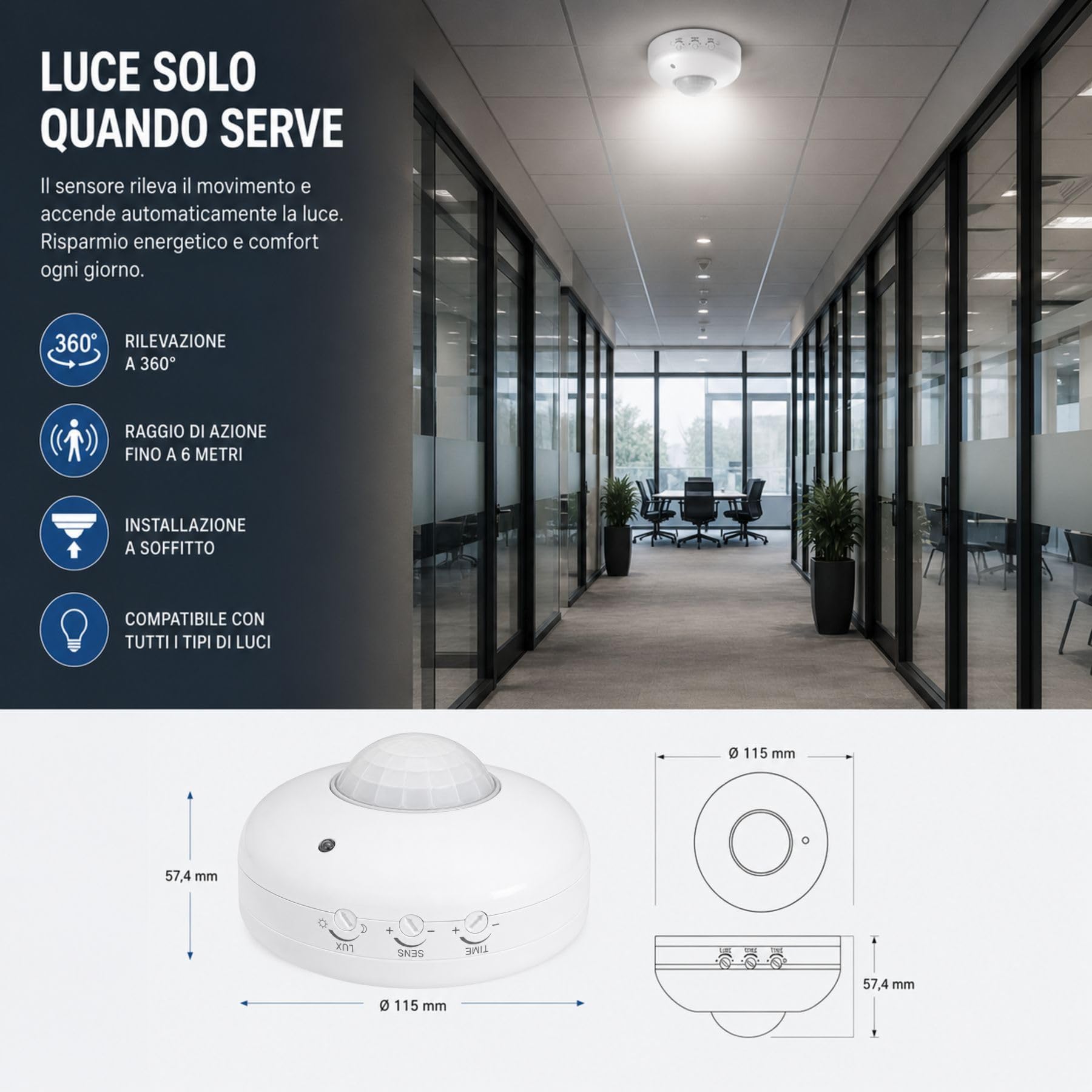 4 sensores de movimiento de techo 360° PIR infrarrojos, detector de presencia para luces 220-240 V, alcance de hasta 6 m, ajuste LUX SENS TIME, IP20, para lámparas LED e iluminación interior