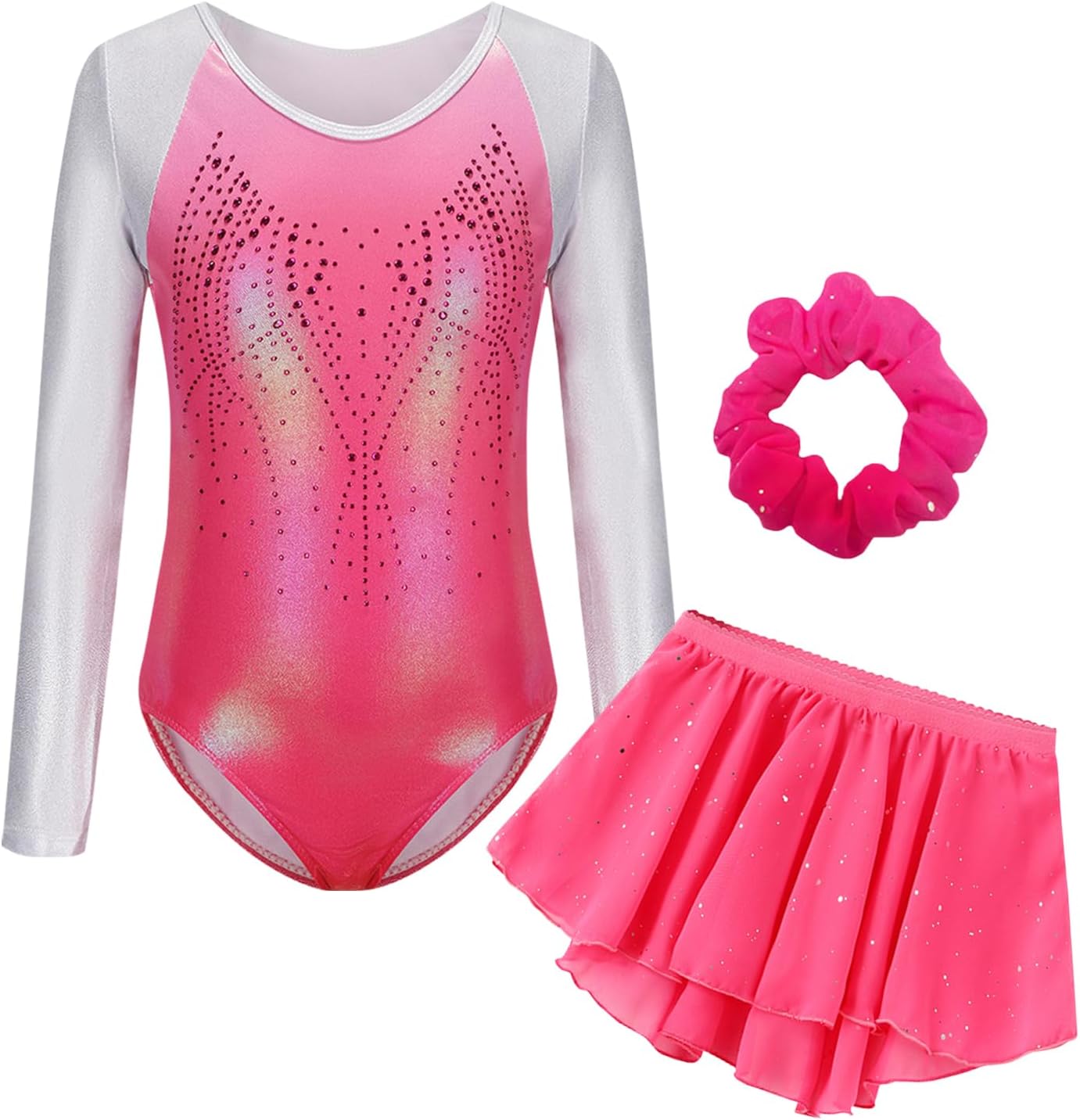 Happy Cherry Girls Gymnastics Leotards Long Sleeve Dance Biketards Tumbling Outfit with Skirt Scrunchie Combo