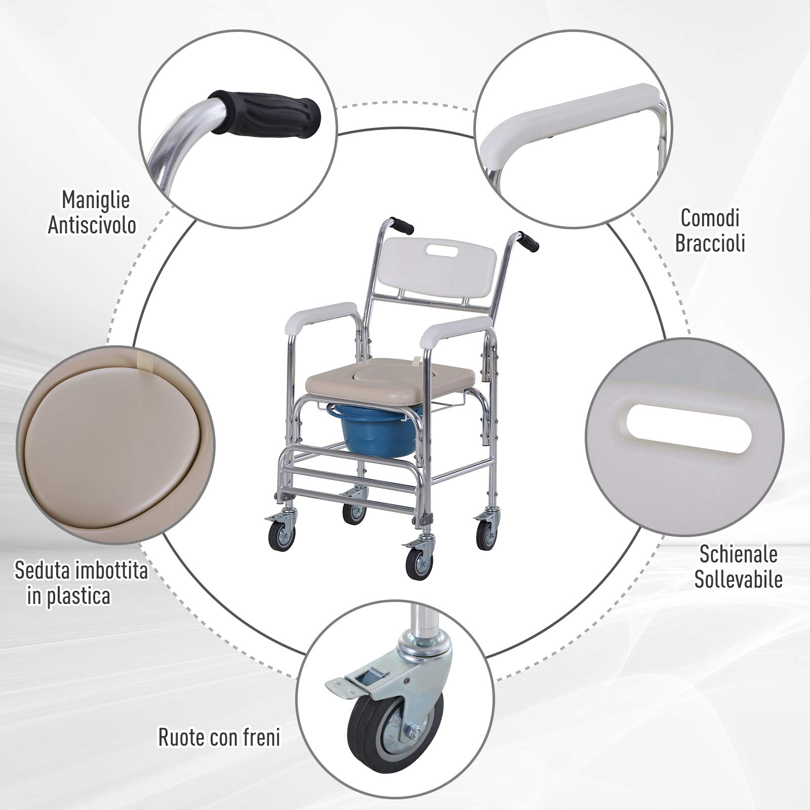 HOMCOM Sedia a Rotelle Impermeabile con WC Seduta in Finta Pelle, 4 Ruote, Vaso Rimovibile per Anziani/Disabili, 84x54x96cm