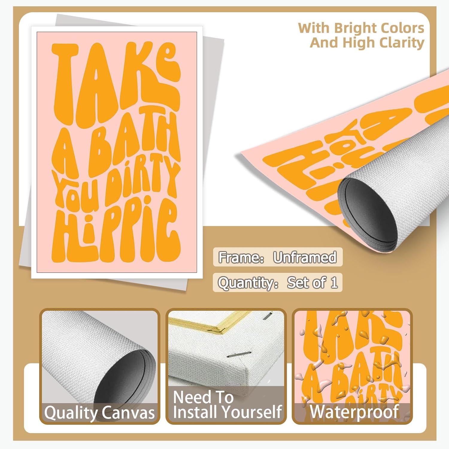 KFDJIG Simple Take A Bath You Dirty Hippie Canvas Wall Art Pink Orange Color Fashion Poster Fun Bathroom Wall Art Fun Fonts Wall Decor Suitable For Bathroom 24x36in Unframed