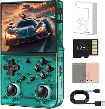 RG35XX Pro Retro Handheld Game Console, 3.5" IPS Screen Portable Video Game Console ,Built in 64G+128G Card & 8000+ Games, Linux System Support WiFi Bluetooth Transparent Teal,128g