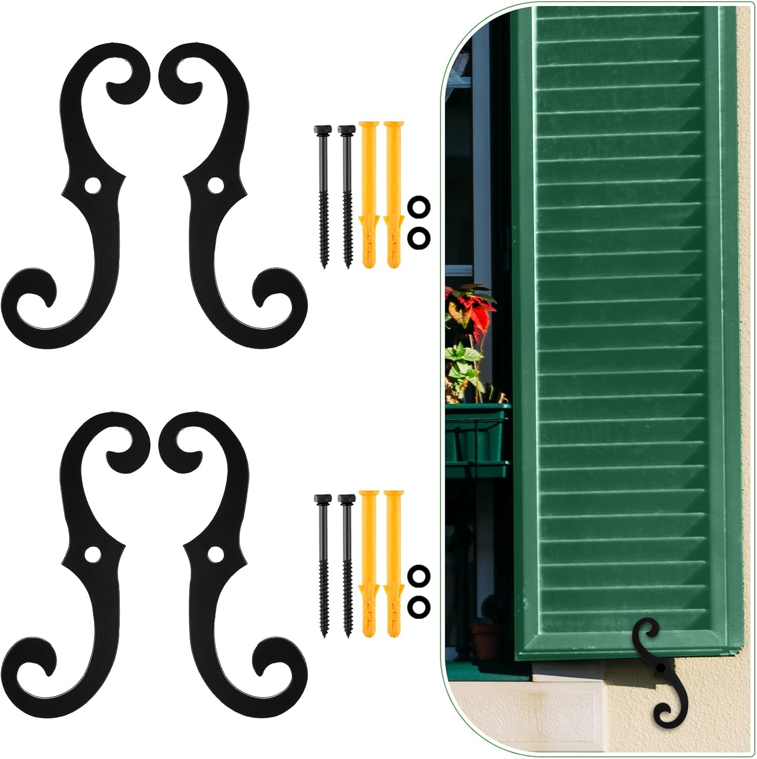 4 Pack Black S Style Shutter Dogs 6.5 Inches Shutter Dog Holders with Mounting Hardware External Shutters Tieback for Exterior Decorative (Iron)
