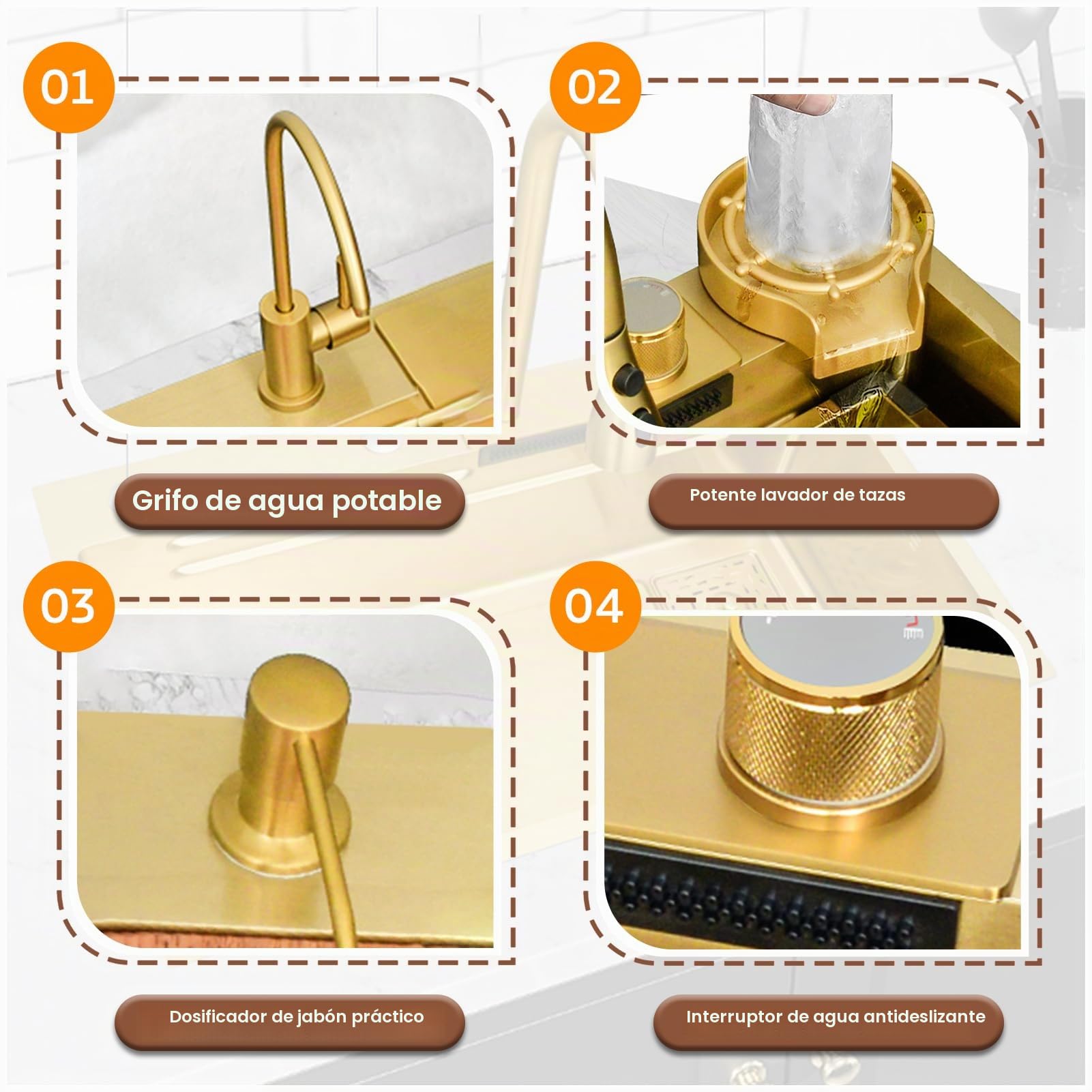 Fregadero de cocina dorado de 80 x 50 cm, de acero inoxidable con efecto cascada, fregadero integrado, con grifo extensible, lavavajillas para tazas, desagüe
