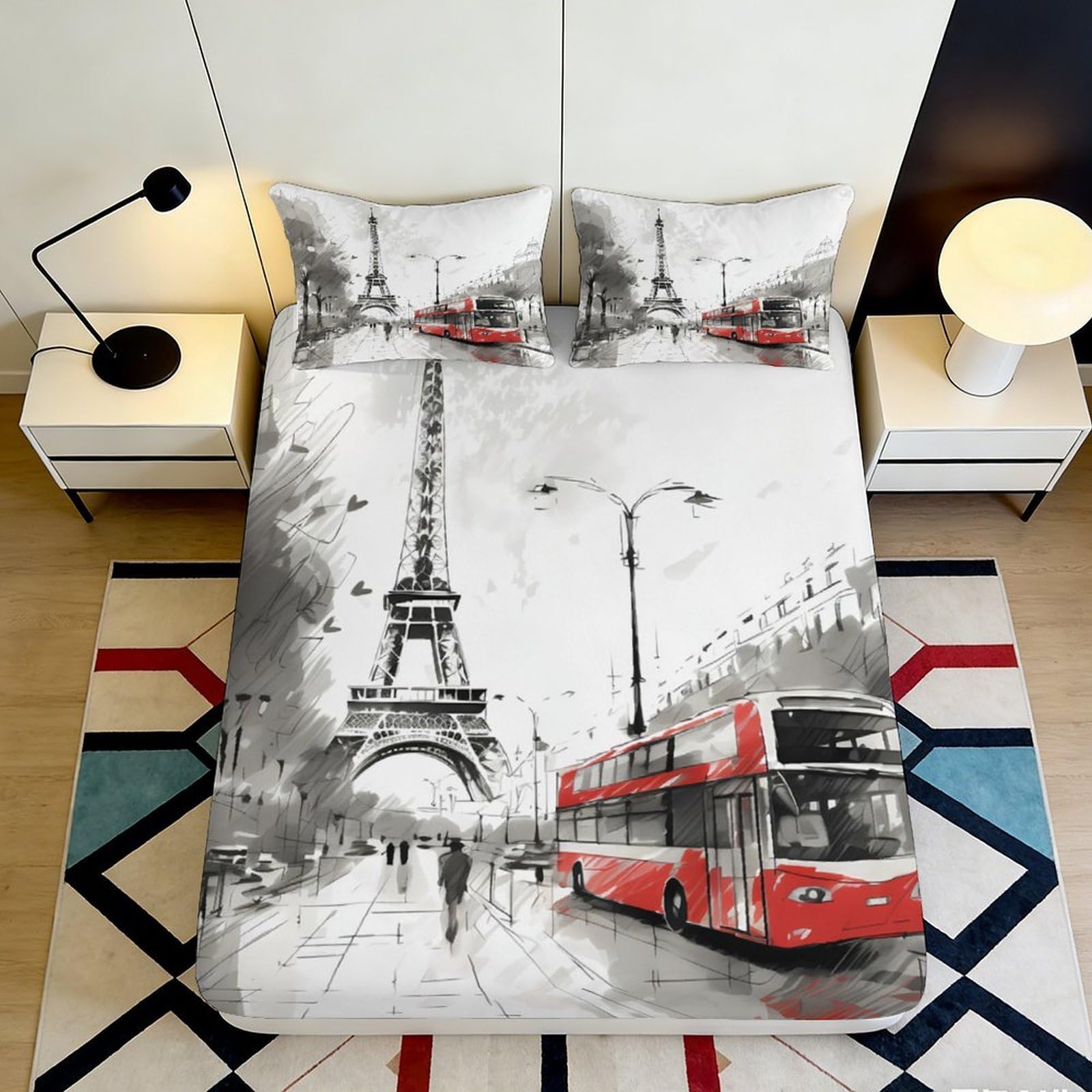 3D Printed Eiffel Tower Cityscape Fitted Sheet Microfiber Red London Bus Mattress Cover Bedroom Decor 90x200x25cm
