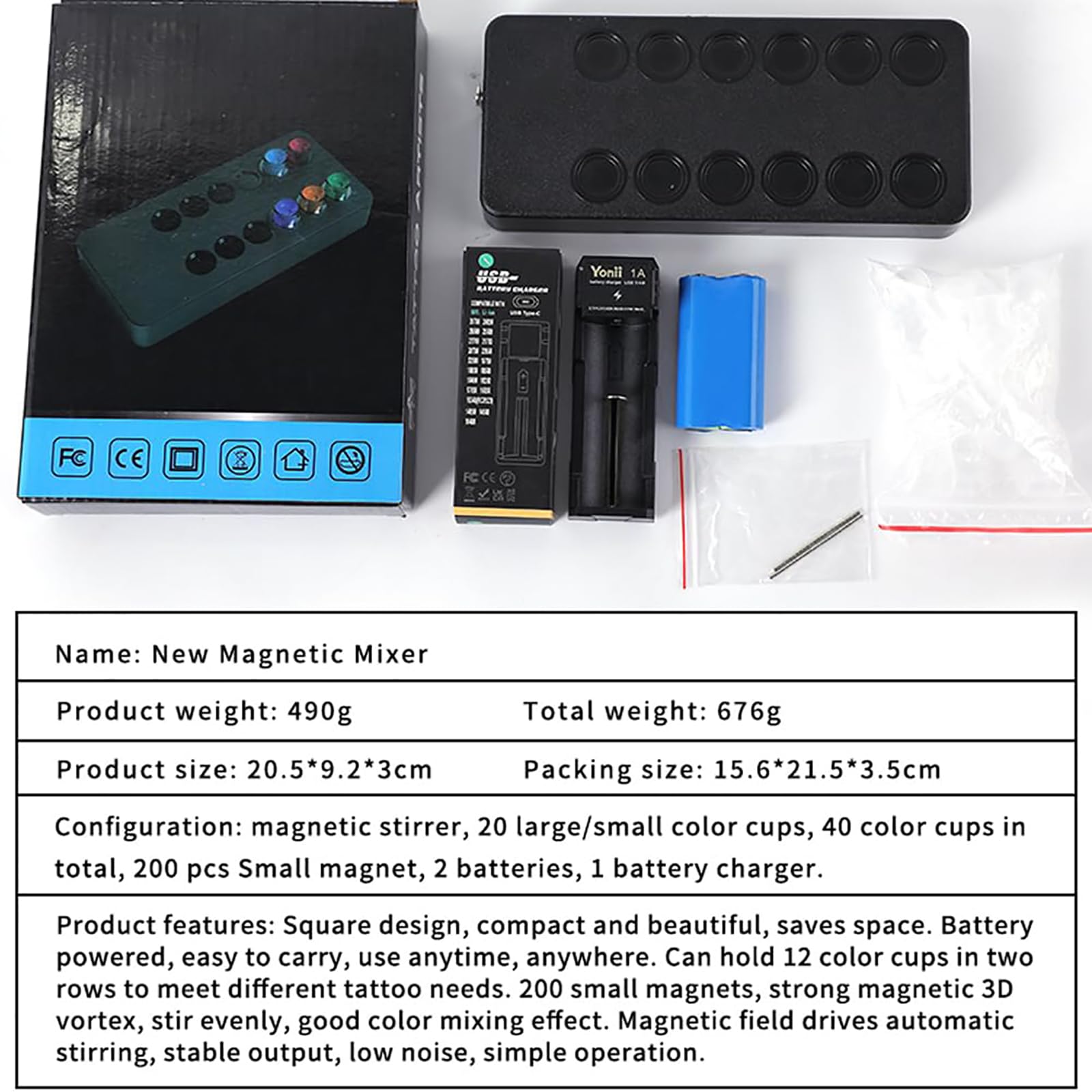 Mini mieszadło magnetyczne Vortex z 40 kubkami i 200 prętami, szybkie potrząsanie do tatuażu, lakieru do paznokci i farb do rzęs