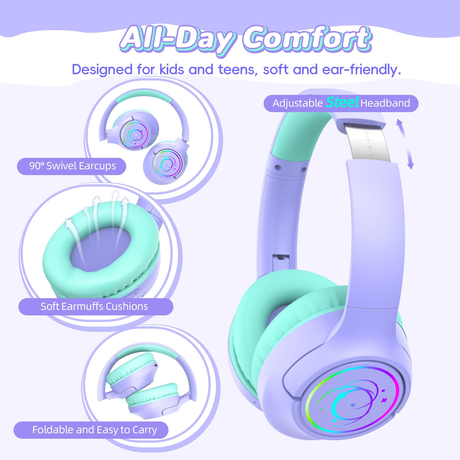 Botesty Sound Cuffie Bluetooth per bambini, leggere, senza fili, per bambini, volume limitato 85/94 dB, Bluetooth 5.4, cuffie over-ear per bambini con microfono integrato, viola