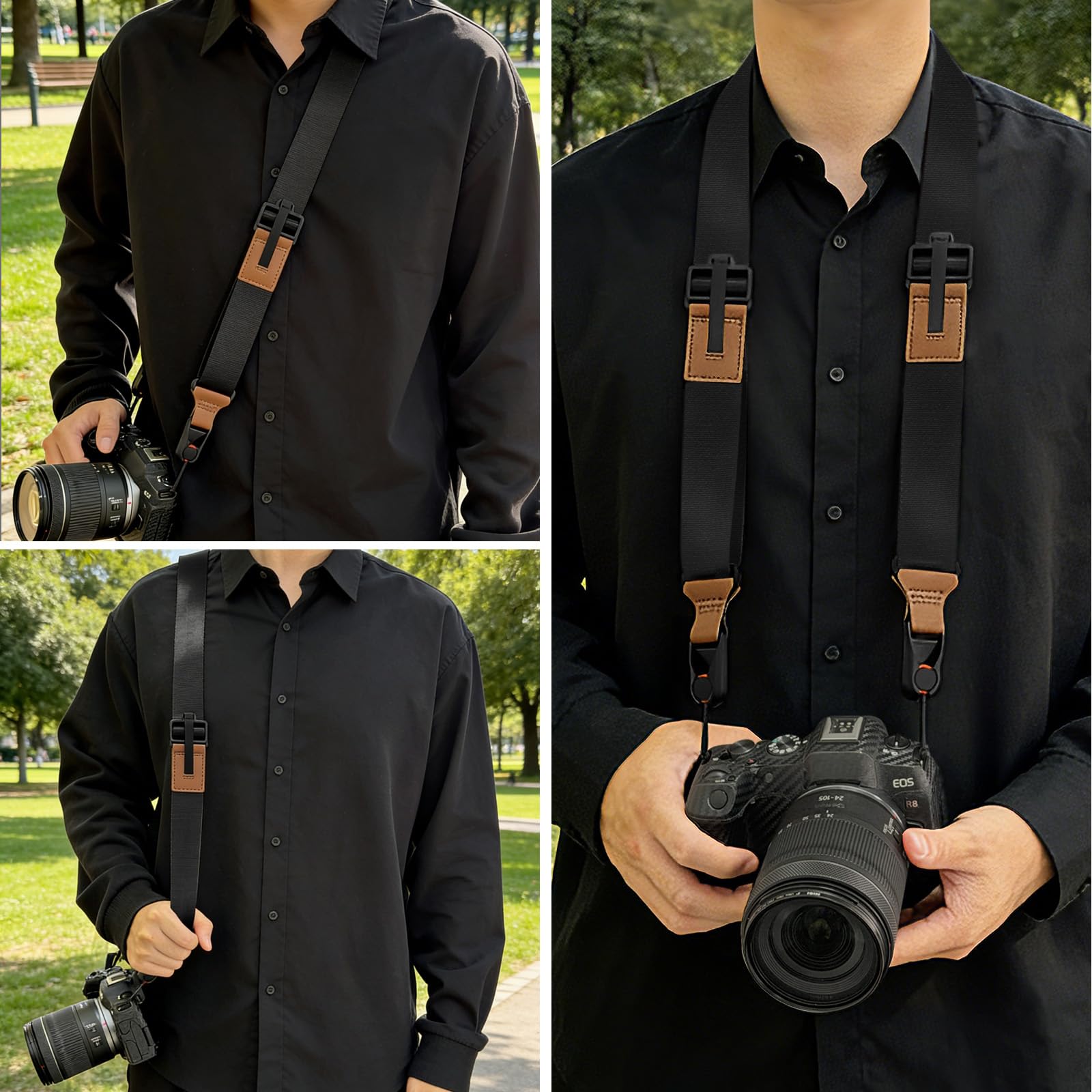 Sangle Appareil Photo avec Fermetures Rapides, Lanière Noire et Marron pour Appareils Numériques, Camera Strap avec 4 Points d'Attache