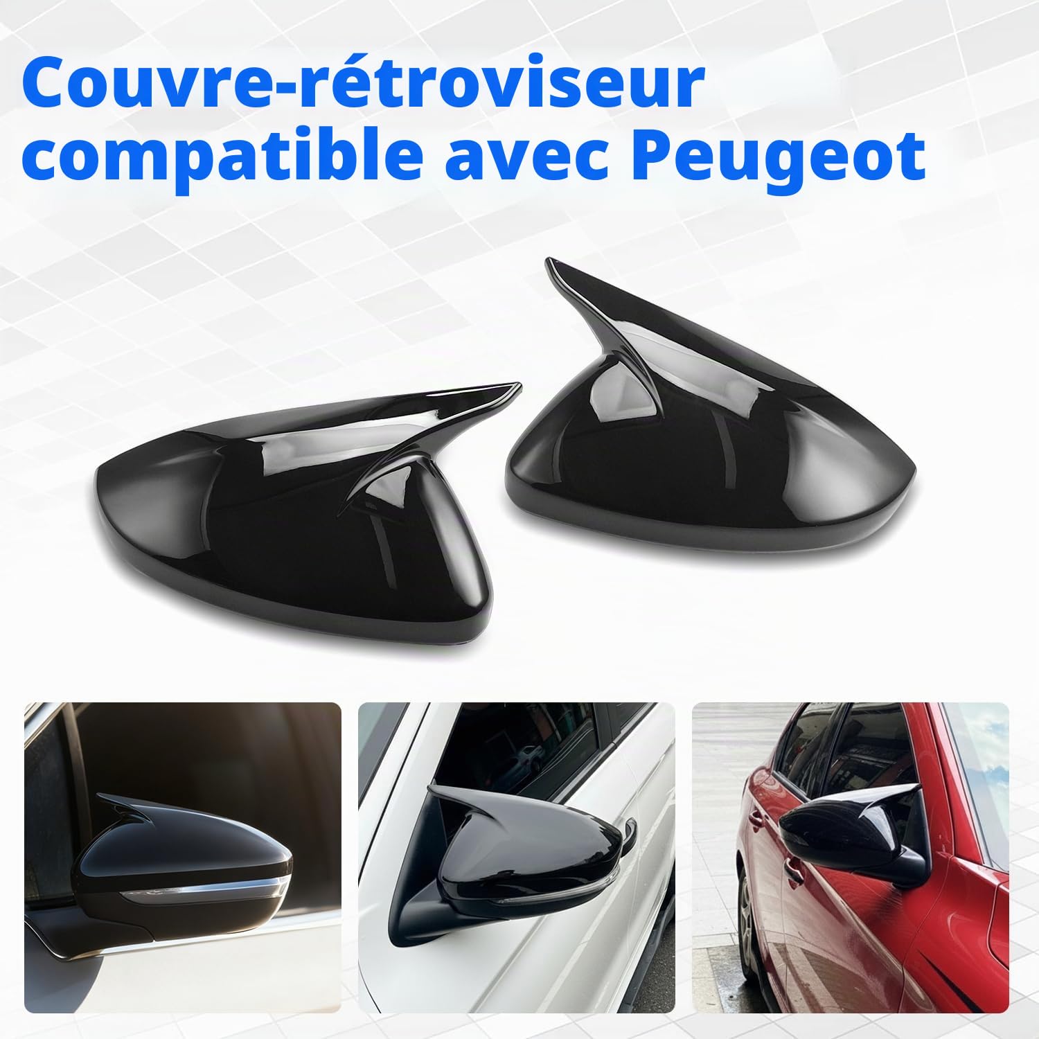 TECTICO Couvercles de Miroir Latéral, Boîtier de Rétroviseurs en Plastique ABS, Compatible avec Peugeot 208, 308, 408, 508, 307, 2008, 4008, 5008 (2013–2023) - Noir Brillant, 1 Paire