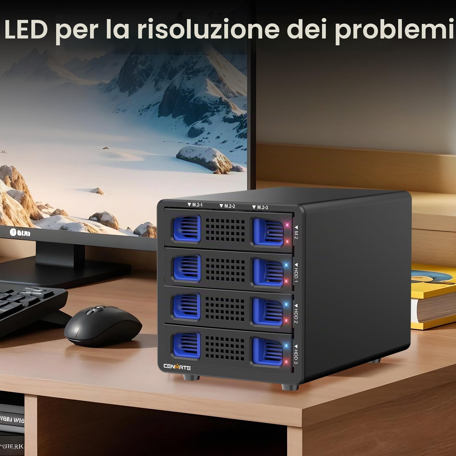 CENMATE Alloggiamento per disco rigido ibrido 3*3.5 HDD+3*M.2 NVMe con ventola per 2.5/3.5" SATA HDD/SSD e M Key/B+M Key 2230/42/60/80/110 M.2 SSD, cavo USB A/C 3.2