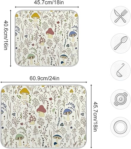 Miniatura 5 de Linda alfombrilla de secado de platos de hongos y plantas silvestres para encimera de cocina, almohadilla absorbente de microfibra, grande de 18x24