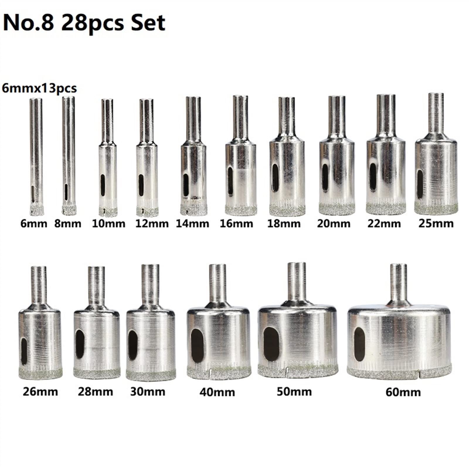 Set di punte for trapano diamantate 10/28pcs 6-60mm Kit for seghe a tazza for vetro Marmo Granito Piastrelle in pietra Piastrelle for seghe a tazza in ceramica Punta for trapano(No.8 28pcs Set)