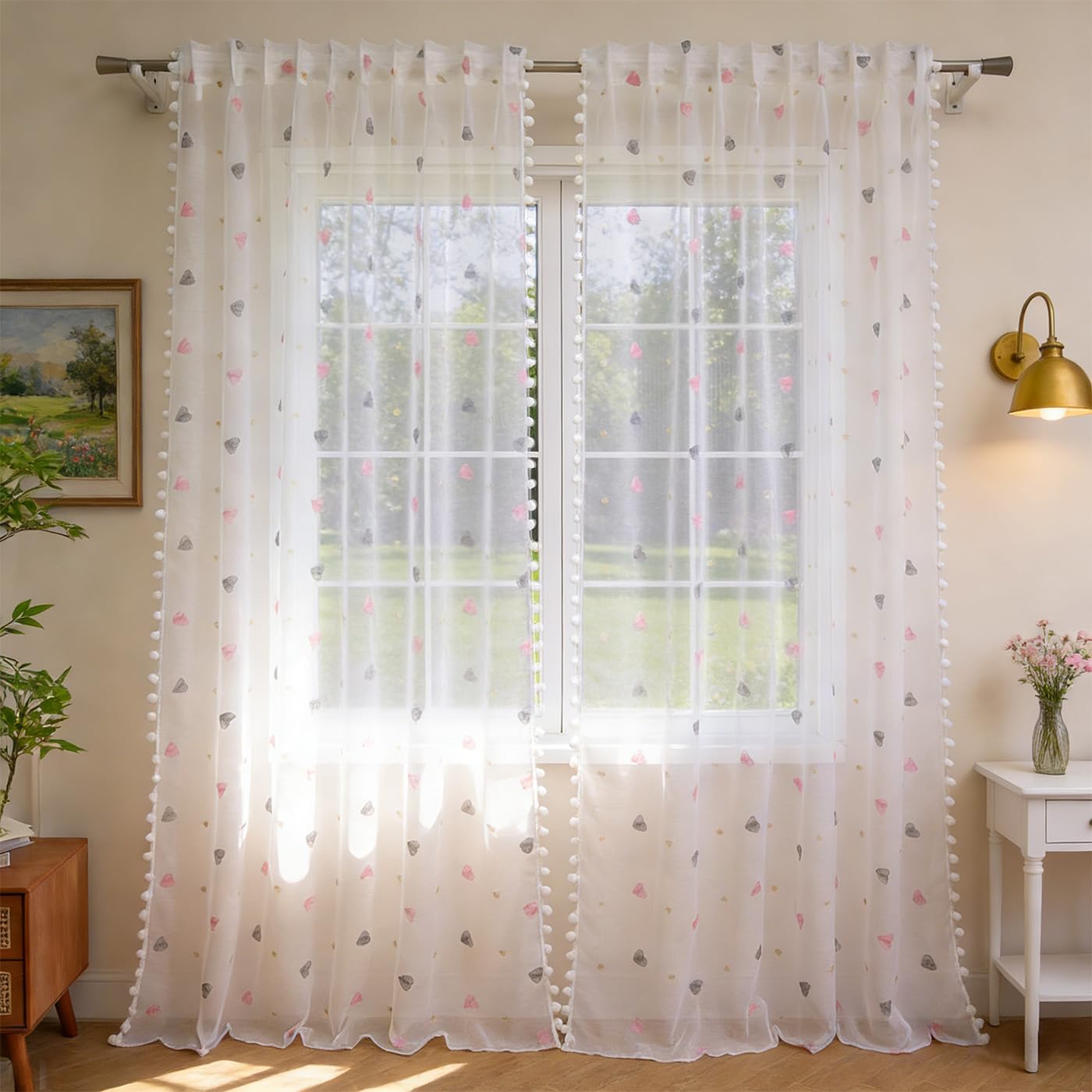 Pom Pom Sheer Curtain 84 Inch Length Heart Shaped Embroidery Light Filtering Boho Voile Window Treatment Rod Pocket Draperies for Bedroom and Living Room 52" x 84", White, Set of 2 Panels