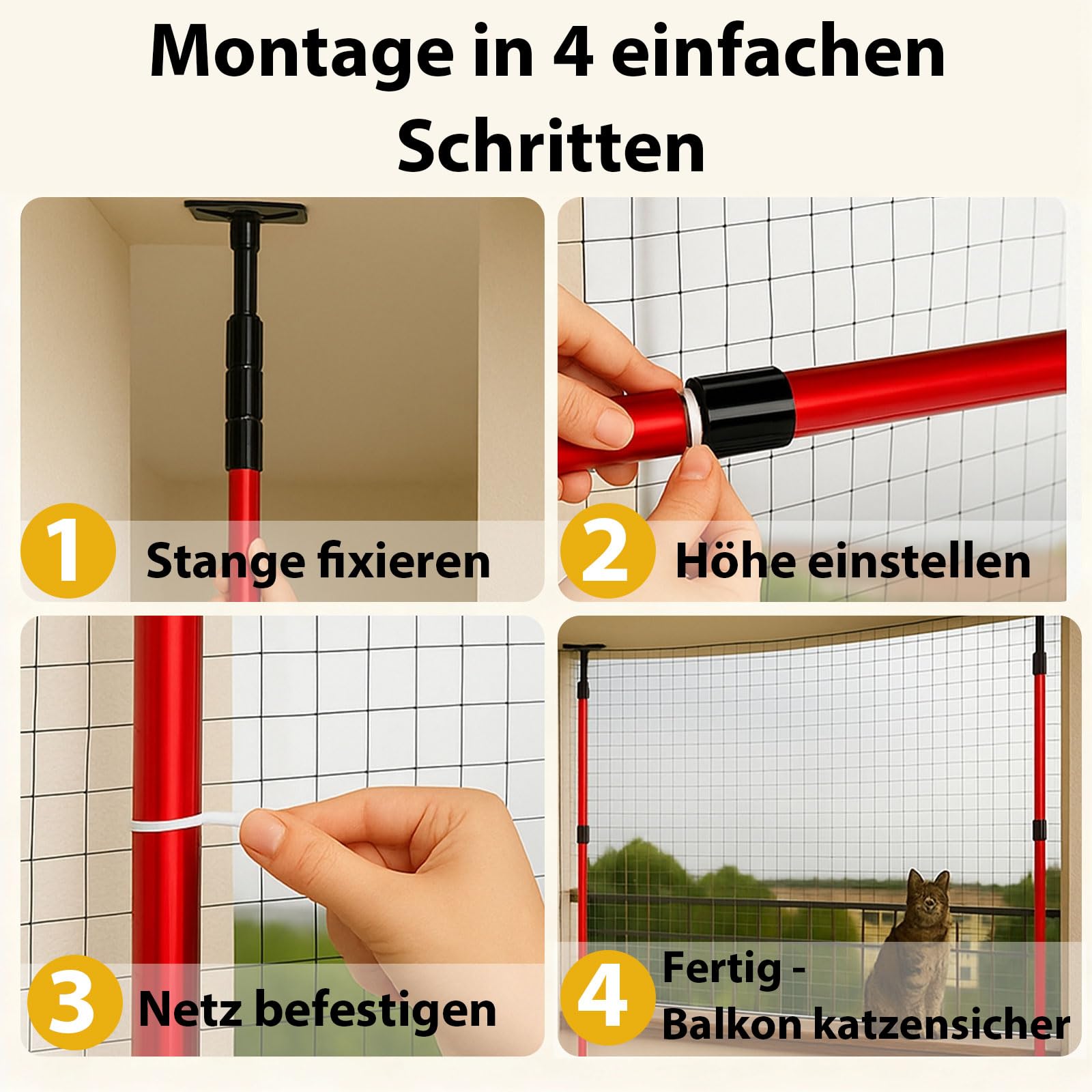 Katzennetz für Balkon mit Stangen – Ohne Bohren montierbar, Aluminium Teleskopstangen 120–300 cm, Sicherer Katzenschutz & stabile Befestigung