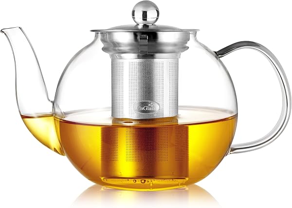 CNGLASS Glass Teapot, Clear Teapot with Removable 304 stainless steel Infuser Loose Leaf and Blooming Tea Maker
