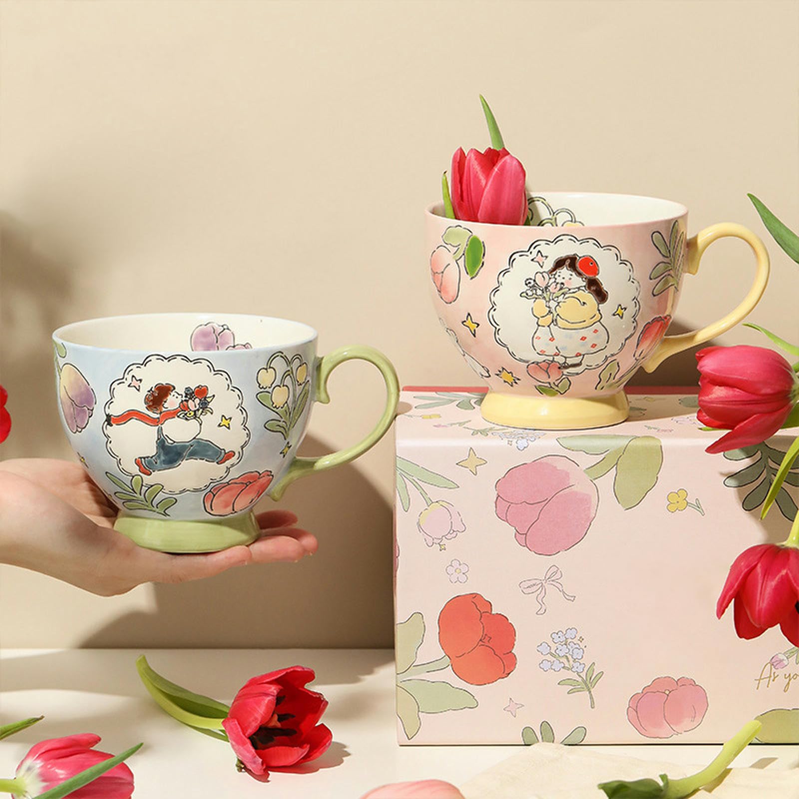 Tazas de desayuno personalizadas creativas pintadas a mano, tazas creativas de cerámica para parejas, juego de tazas de desayuno pintadas a mano