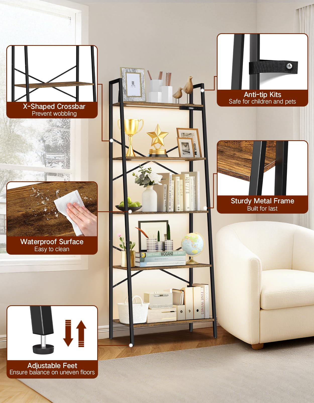 Estantería de Escalera Ancha de 5 Niveles con Luces LED, Control Táctil y Remoto, 3 Temperaturas de Color, Librería Esquinera Alta Regulable de Metal y Madera para Salón y Dormitorio