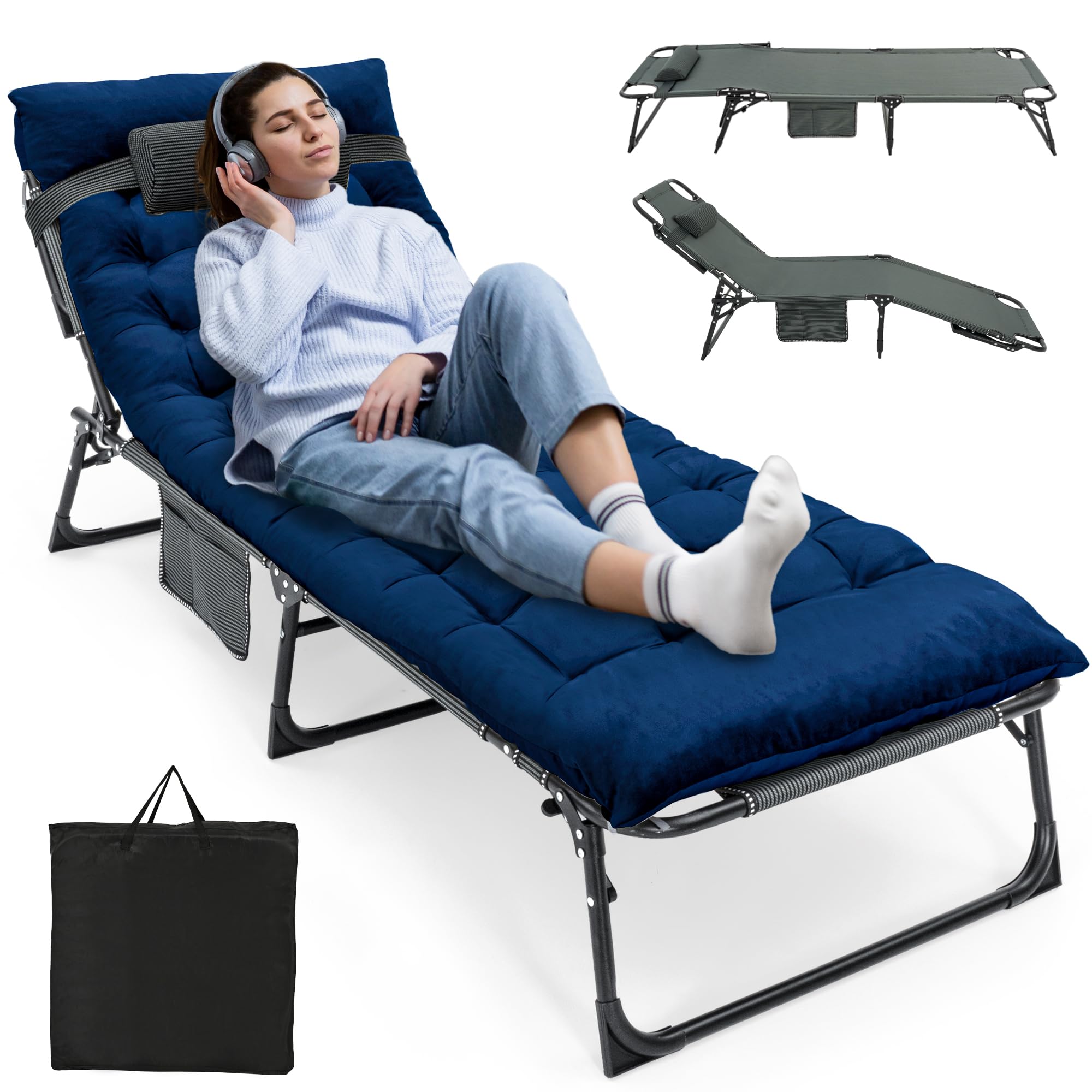 ropoda Camping Cot, Adjustable 4-Position Folding Cot with Cozy Mattress, Lawn Chair Camping Cots for Adults with Durable Fabric and Steel Frame, Lounge Chair for Camping, Spare Bed, Patio