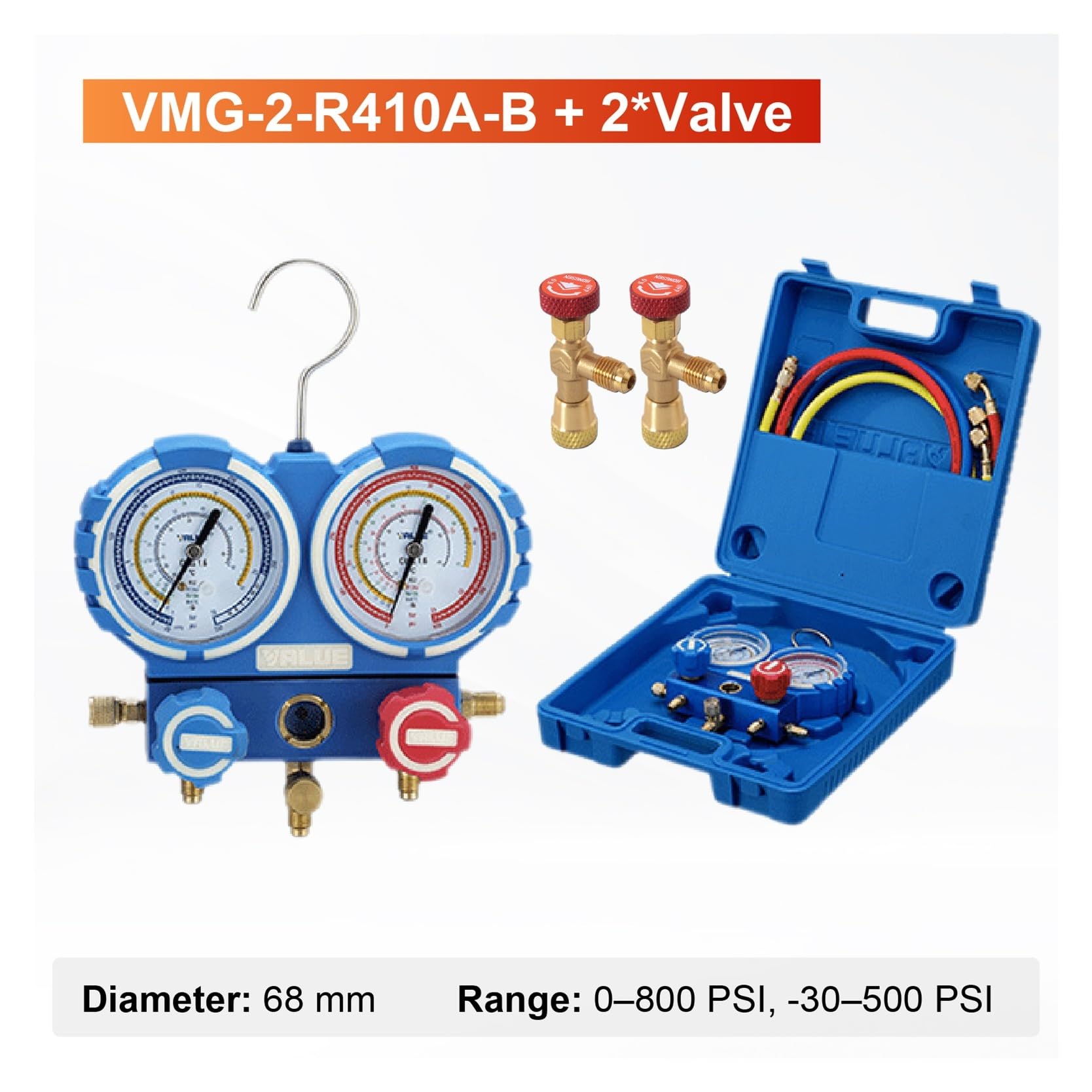 Ensemble de collecteurs à Double jauge VMG-2, Outil réfrigérant AC HVAC R410A R134A R22, Cadran de 68mm, vanne métallique Haute Basse Pression Compatible(R410A-B-Valve)