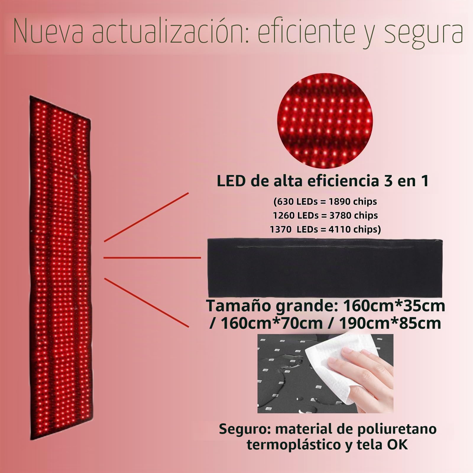 Esterilla de luz roja e infrarroja de cuerpo entero, 630 LED, almohadilla de 660 nm y 850 nm con control remoto, 3 modos y 5 niveles de brillo, tamaño grande (160cm*35cm)