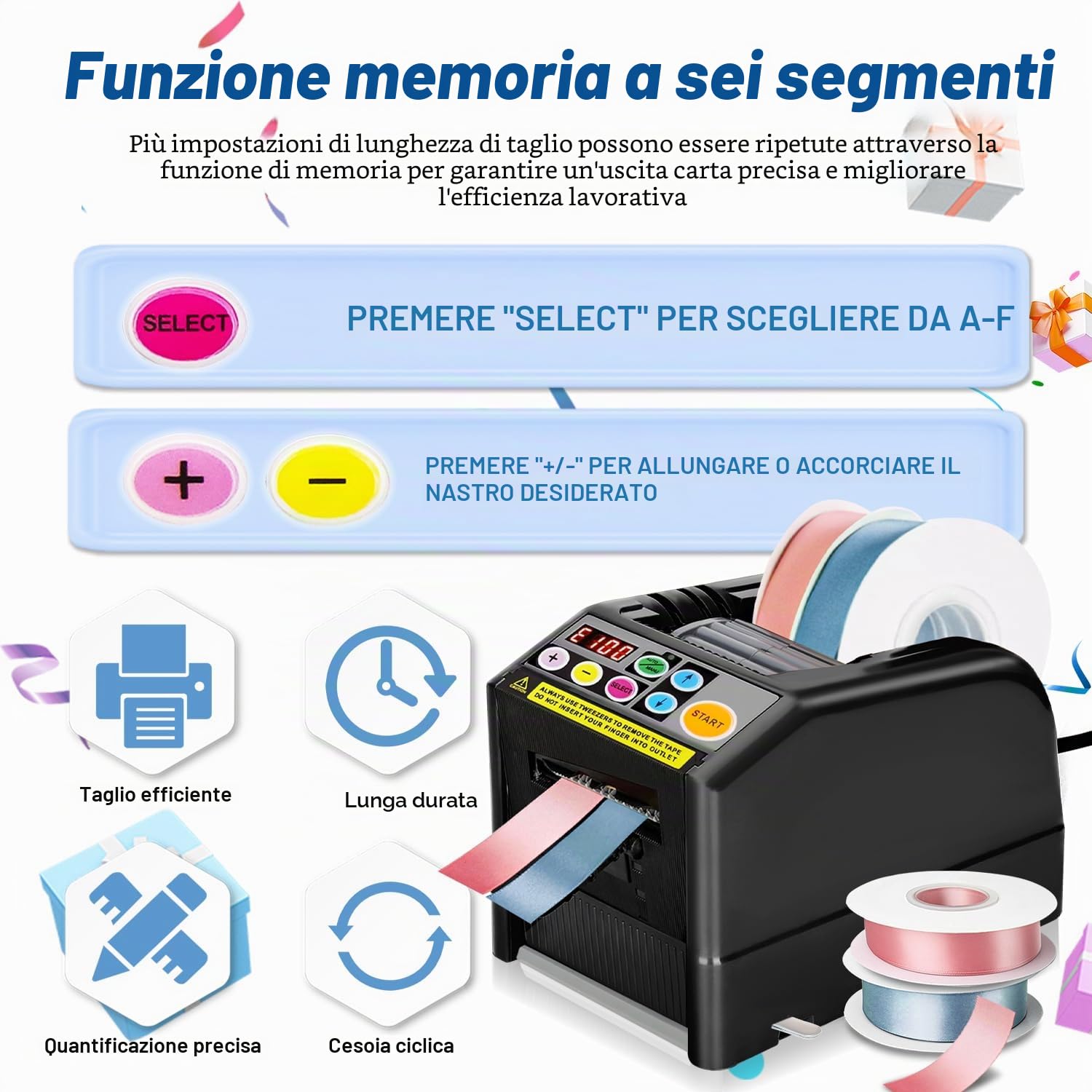 Distributore automatico di nastro, macchina da taglio manuale e automatica, macchina da taglio elettrica per nastro da imballaggio, larghezza 6-60 mm, lunghezza massima 999 mm, per ufficio, magazzino