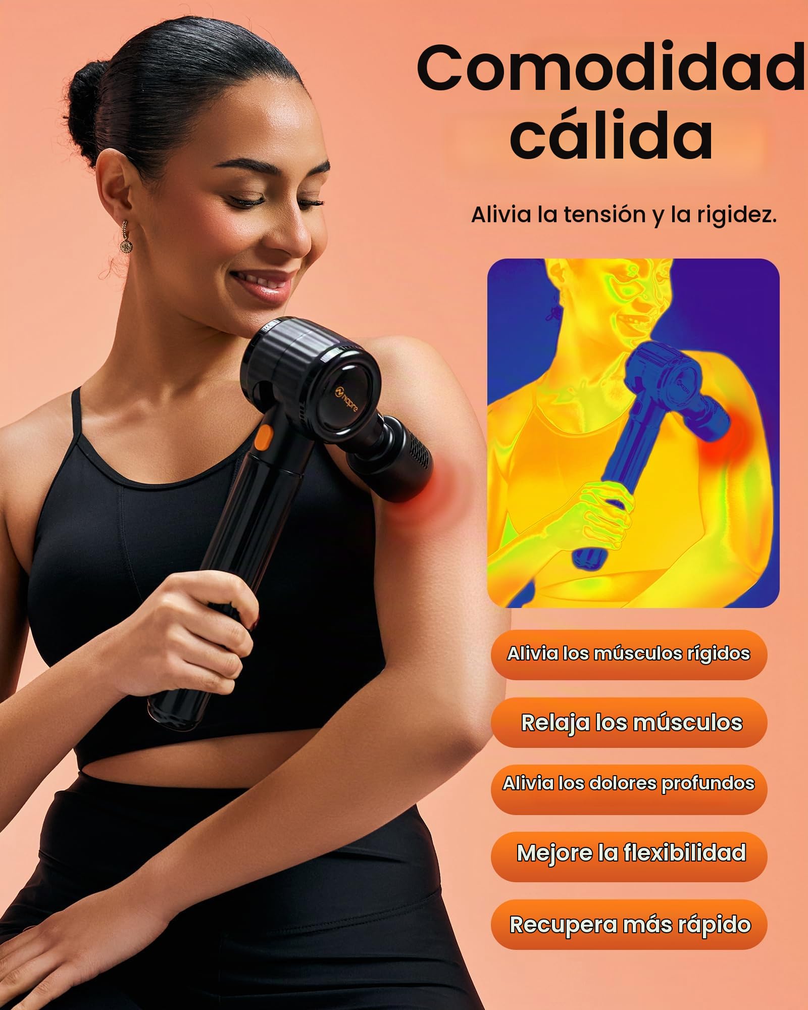 Pistola de Masaje Muscular con Calor y frío,NAPRE Pistola Masaje Muscular Massage Gun con Mango Extensible y 3 ángulos Ajustables, Pistola Masajeadora,Masajeador Muscular Cervical Espalda