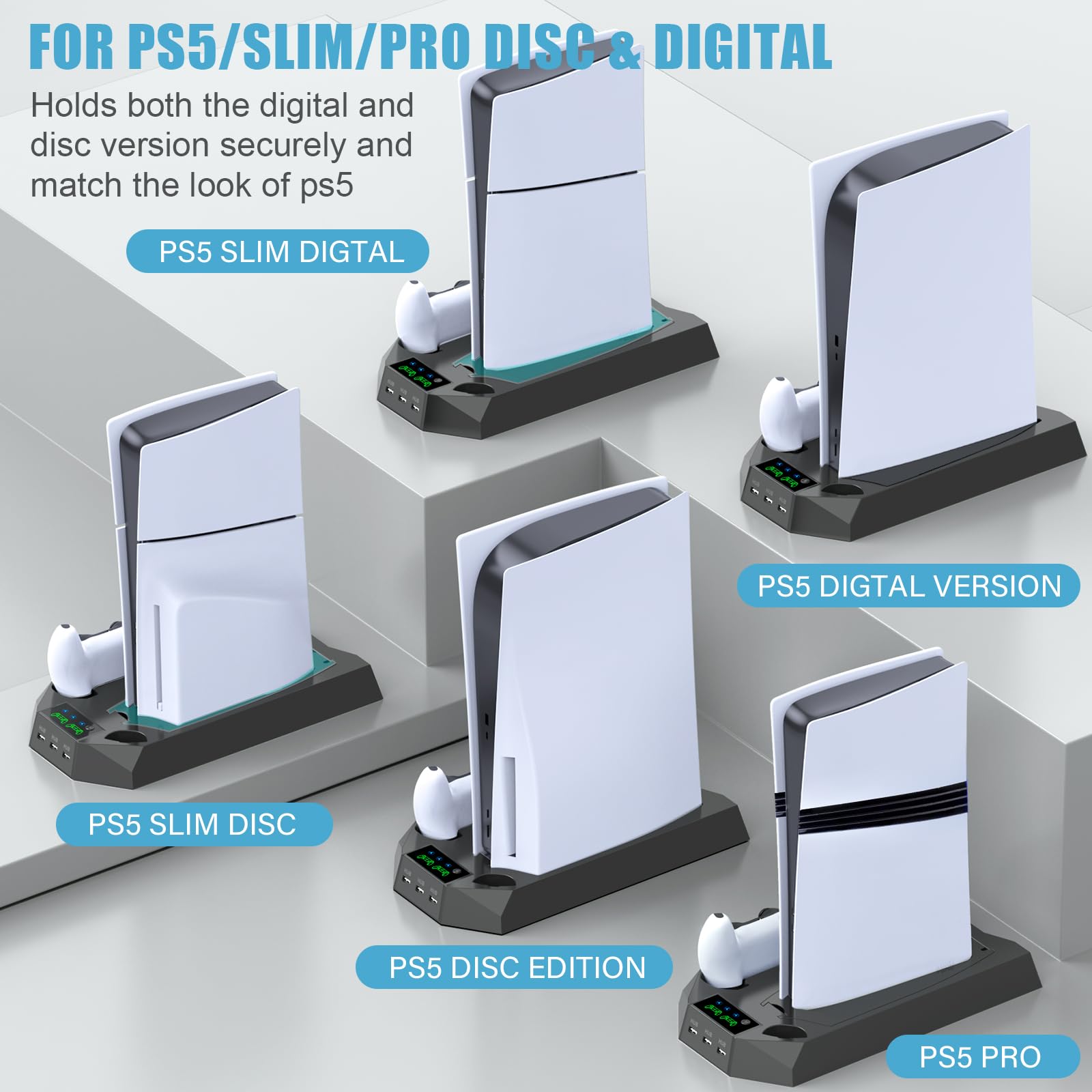 PS5/PS5 Slim/PS5 Pro Stand e stazione di raffreddamento con stazione di ricarica doppio controller per console PlayStation 5, accessori PS5 incl. caricatore controller, ventola di raffreddamento