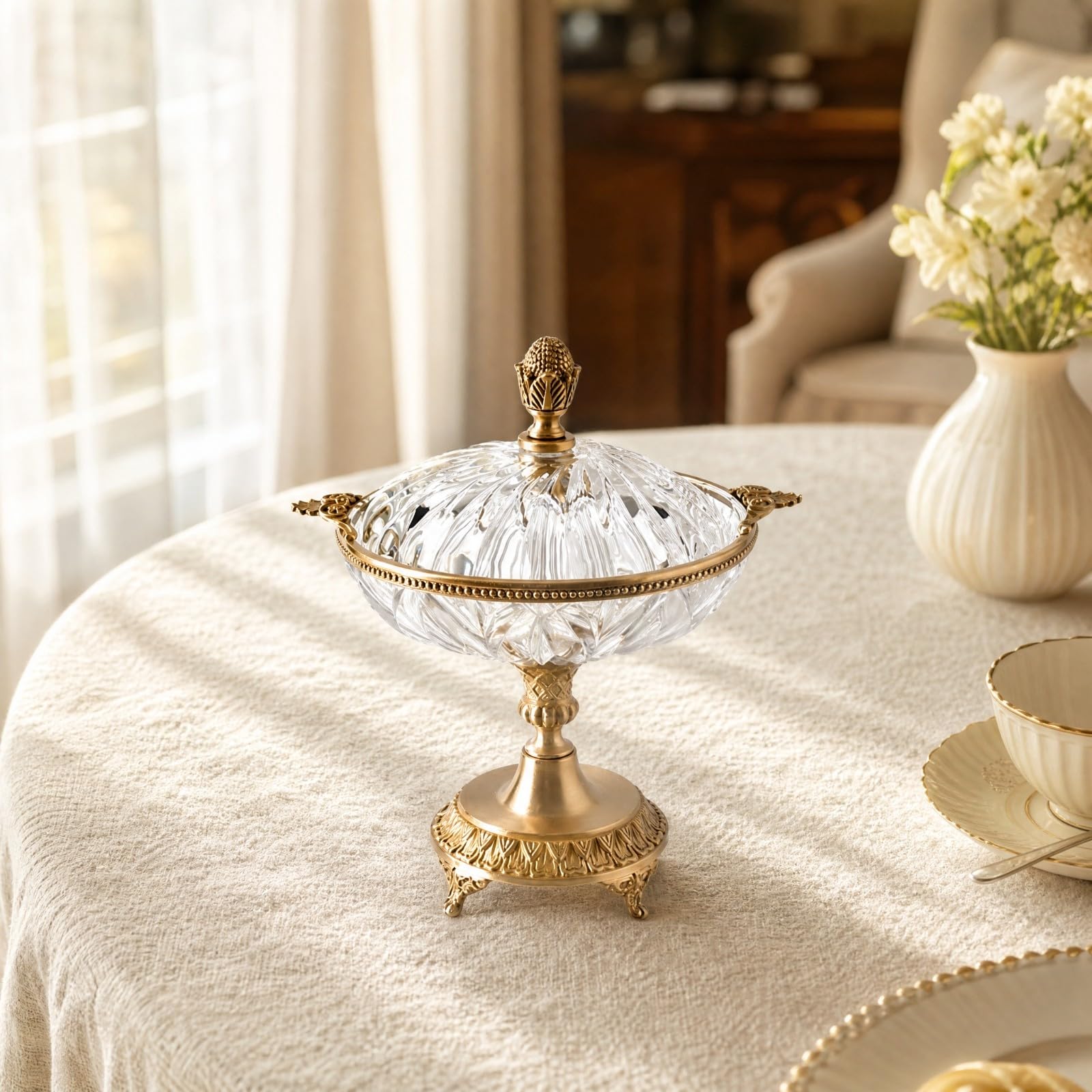 Alzatina Coperta in e Rame Giallo | Decorativo, Ciotola Decorativa con Manici e Piede, Trasparente, Centrotavola, per Toletta