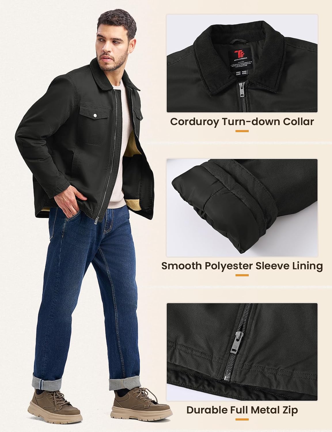 Rdruko Men's Winter Workwear Jackets, Sherpa Detroit Barn Trucker Fleece Jacket 5 Pockets Full Zip Heavy Warm Cotton Coats - Image 6